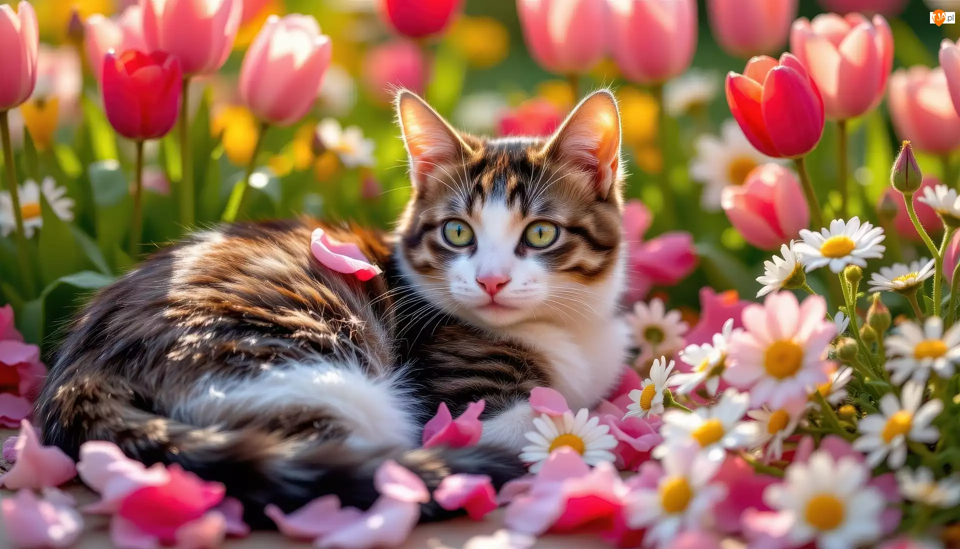 Kot, Kwiaty, Leżący, Biało-brązowy, Kolorowe