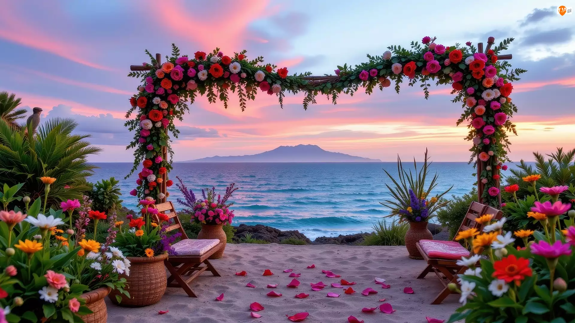 Wazony, Brama, Góra, Plaża, Kwiaty, Kolorowe, Dekoracyjna, Kolorowe, Morze, Krzesła, Niebo