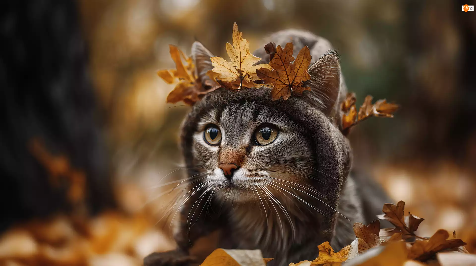 Wełniana, Kot, Suche, Grafika AI, Czapka, Liście