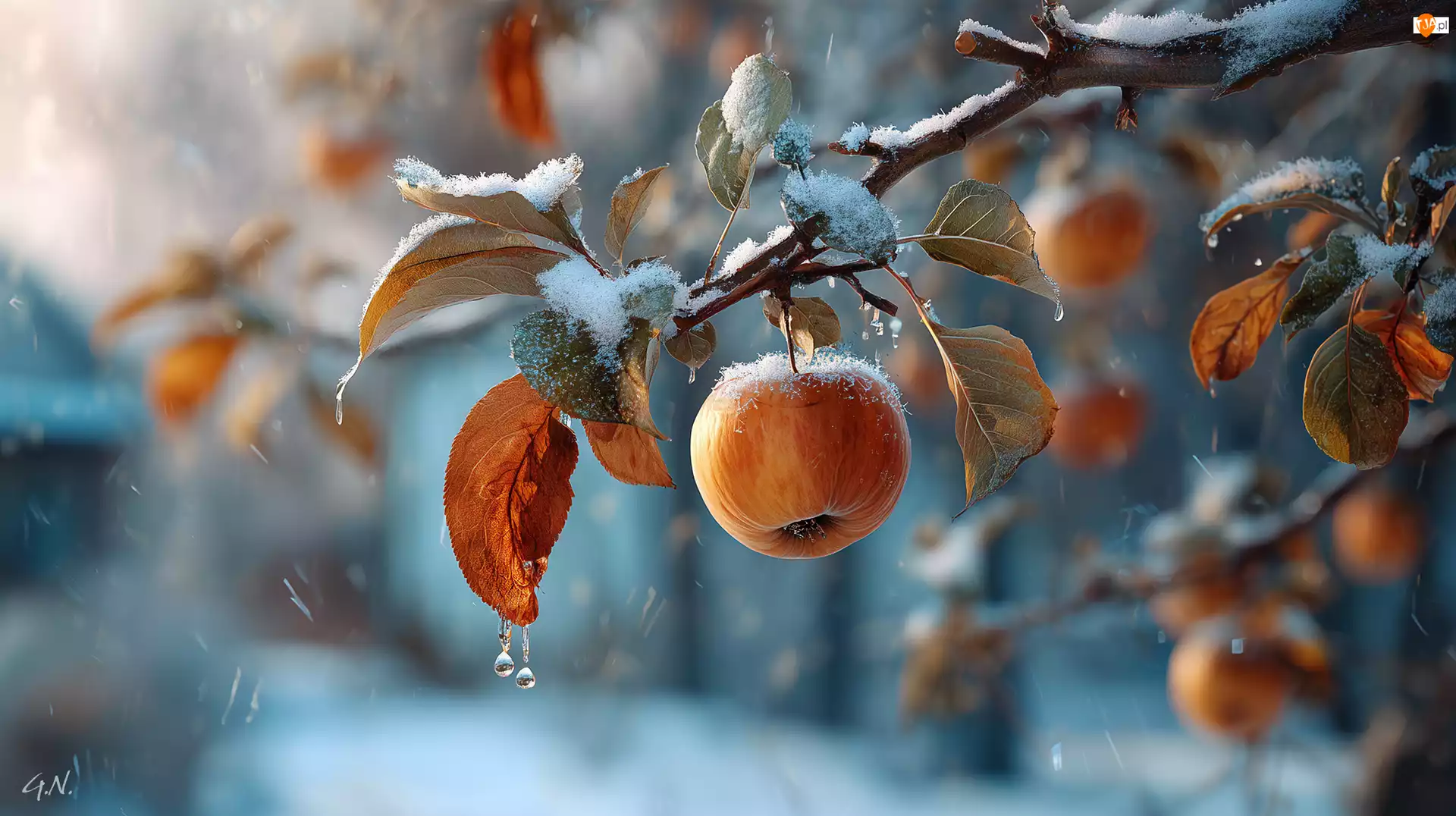 Grafika AI, Jabłko, Gałązka, Śnieg