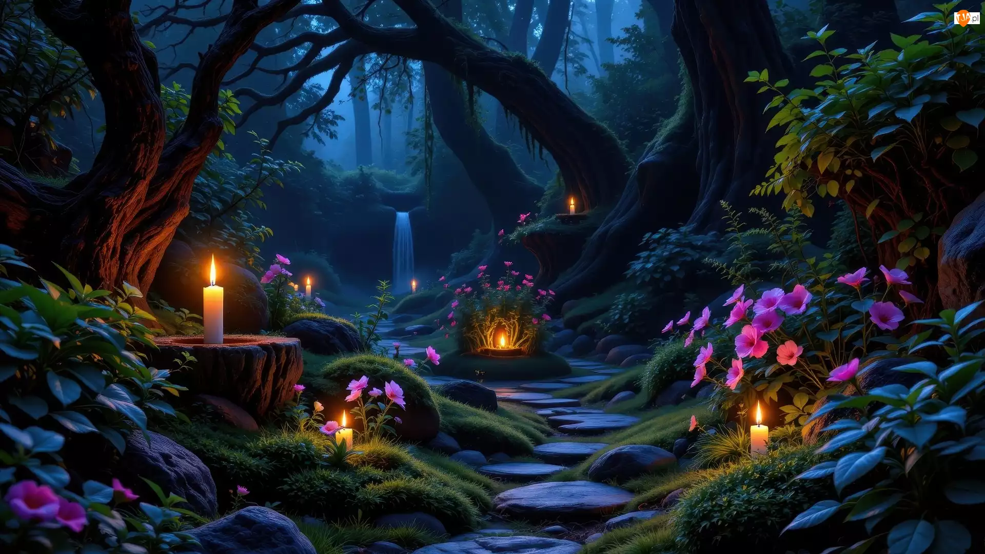 Al, Różowe, Grafika, Drzewa, Świece, Kwiaty, Rośliny, Las, Kamienie
