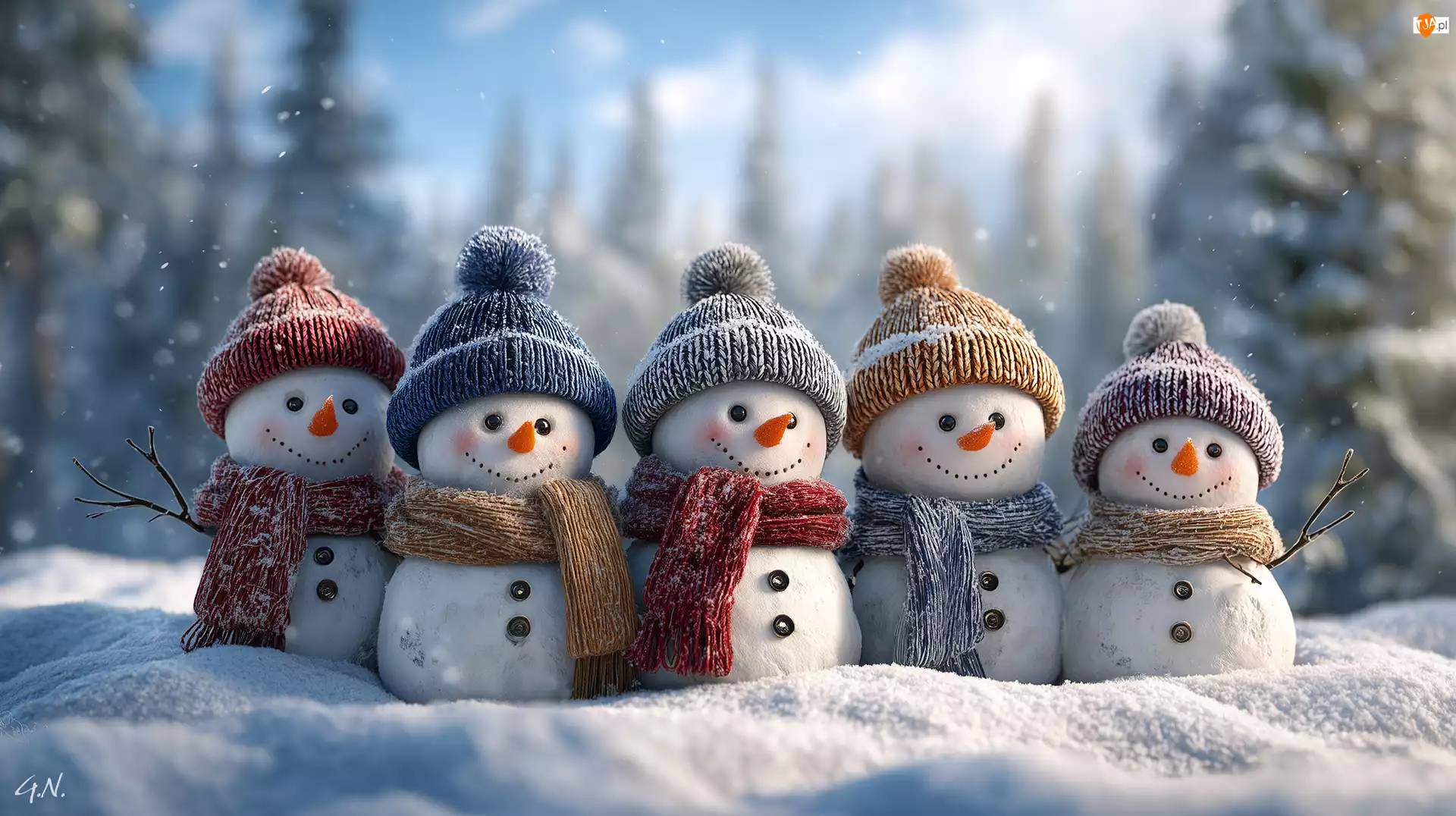 Szaliki, Grafika AI, Czapki, Bałwany, Zima