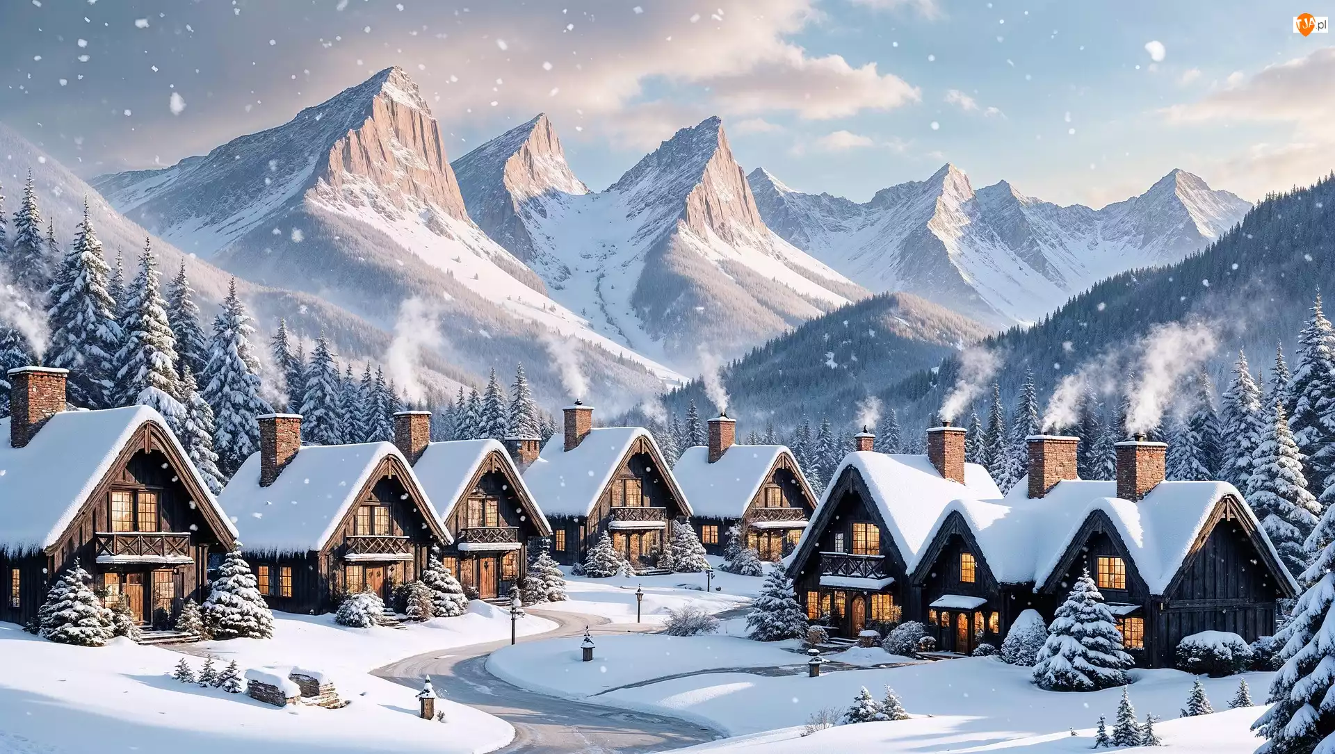 Śnieg, Wioska, Domy, Góry