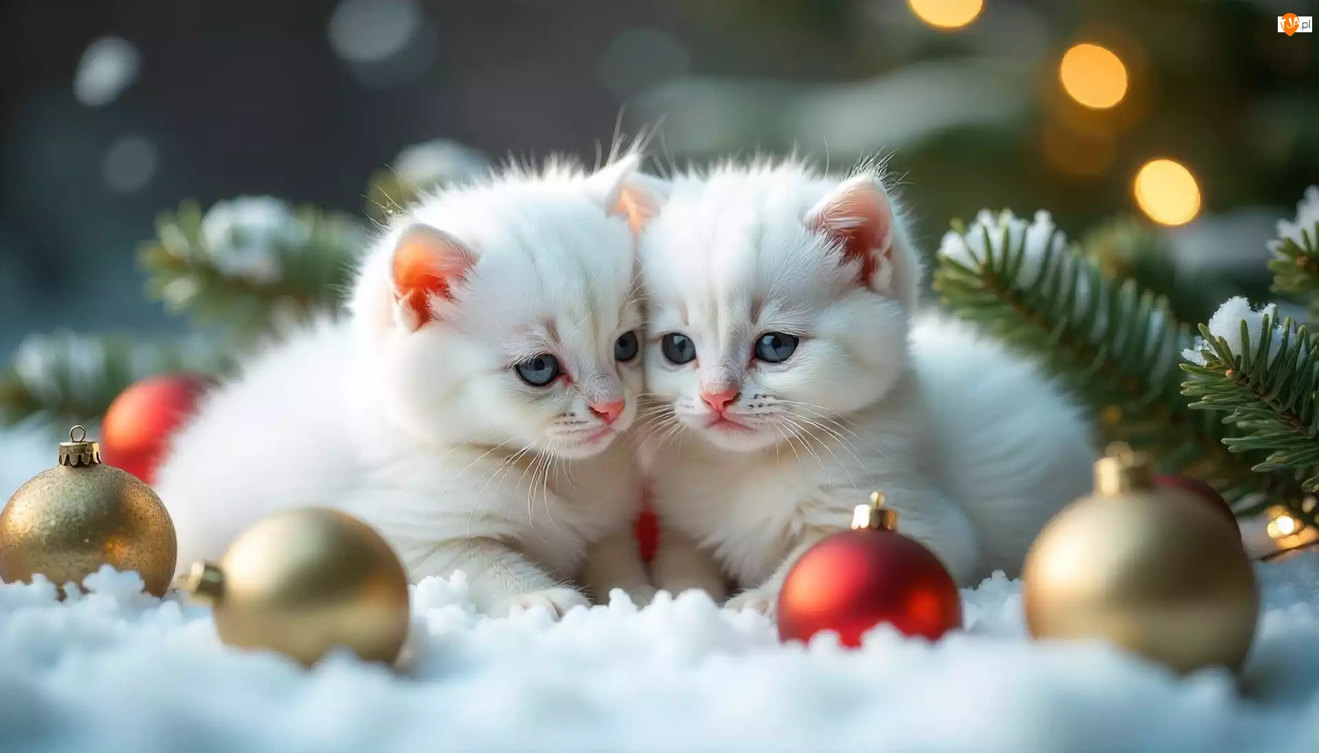 Małe, Białe, Grafika AI, Dwa, Śnieg, Bombki, Koty