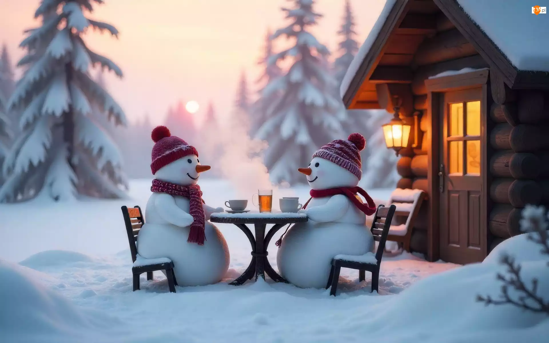 Stolik, Zima, Czapki, Krzesła, Dwa, Szaliki, Dom, Bałwanki