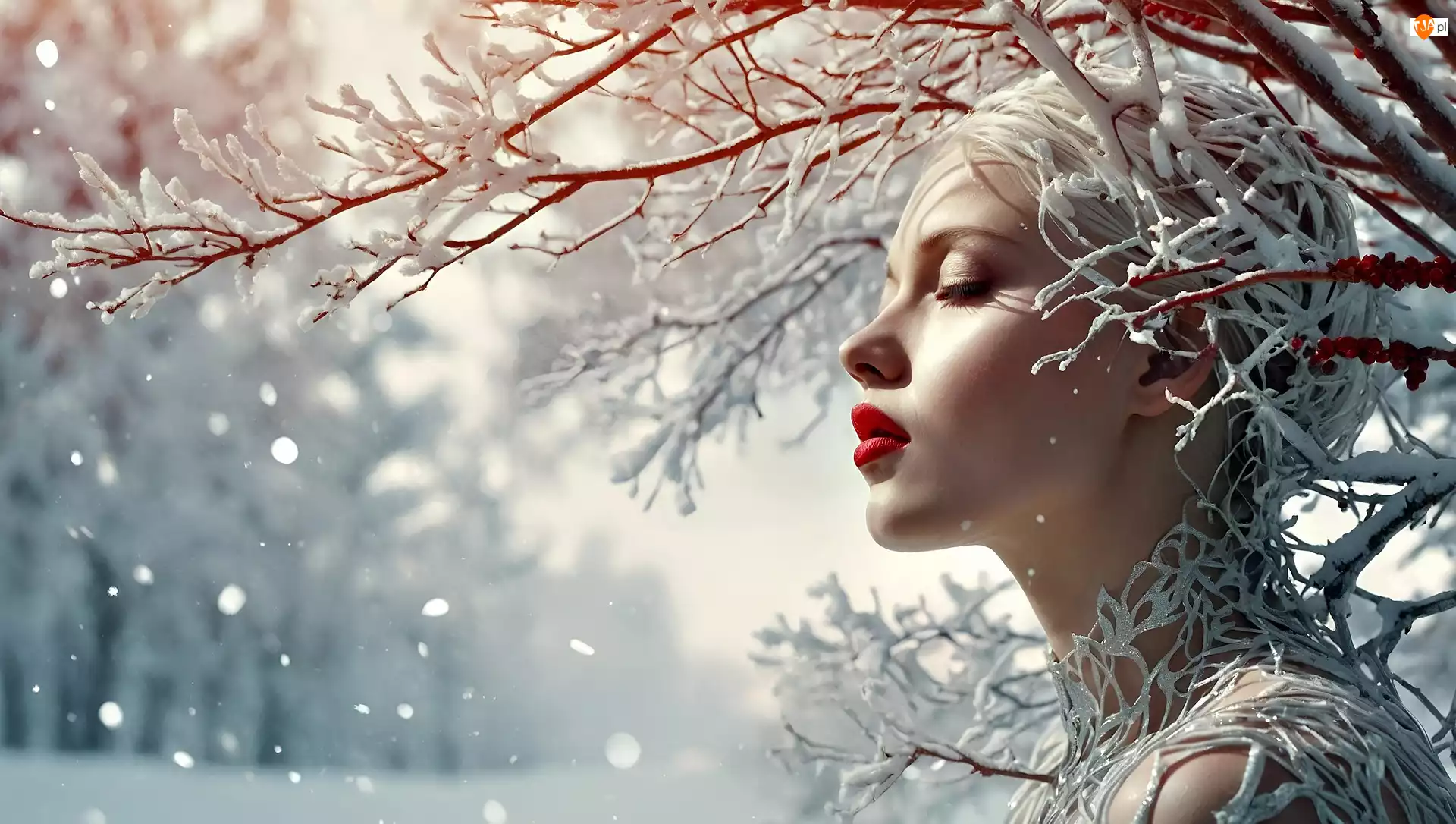 Twarz, Kobieta, Oczy, Śnieg, Zamknięte, Gałązki