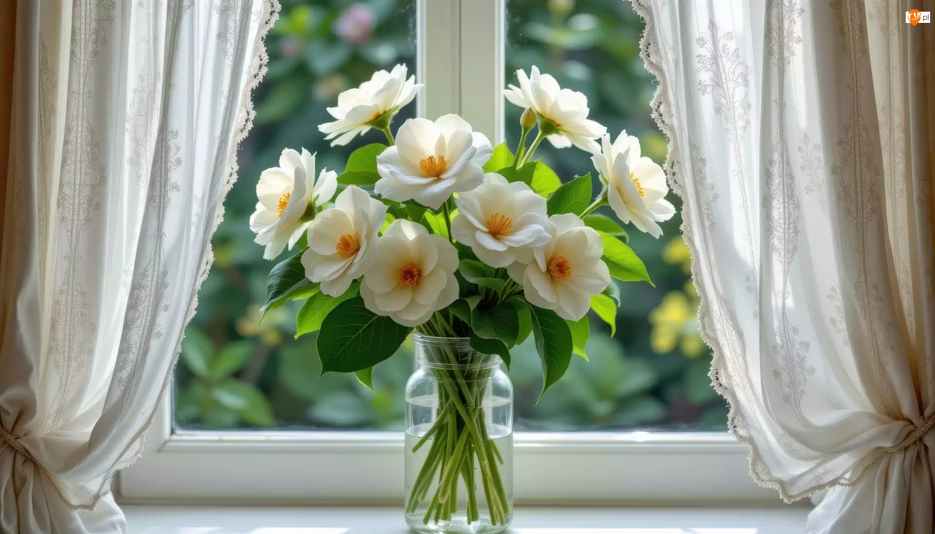Białe, Bukiet, Wazon, Firanki, Kwiaty, Okno