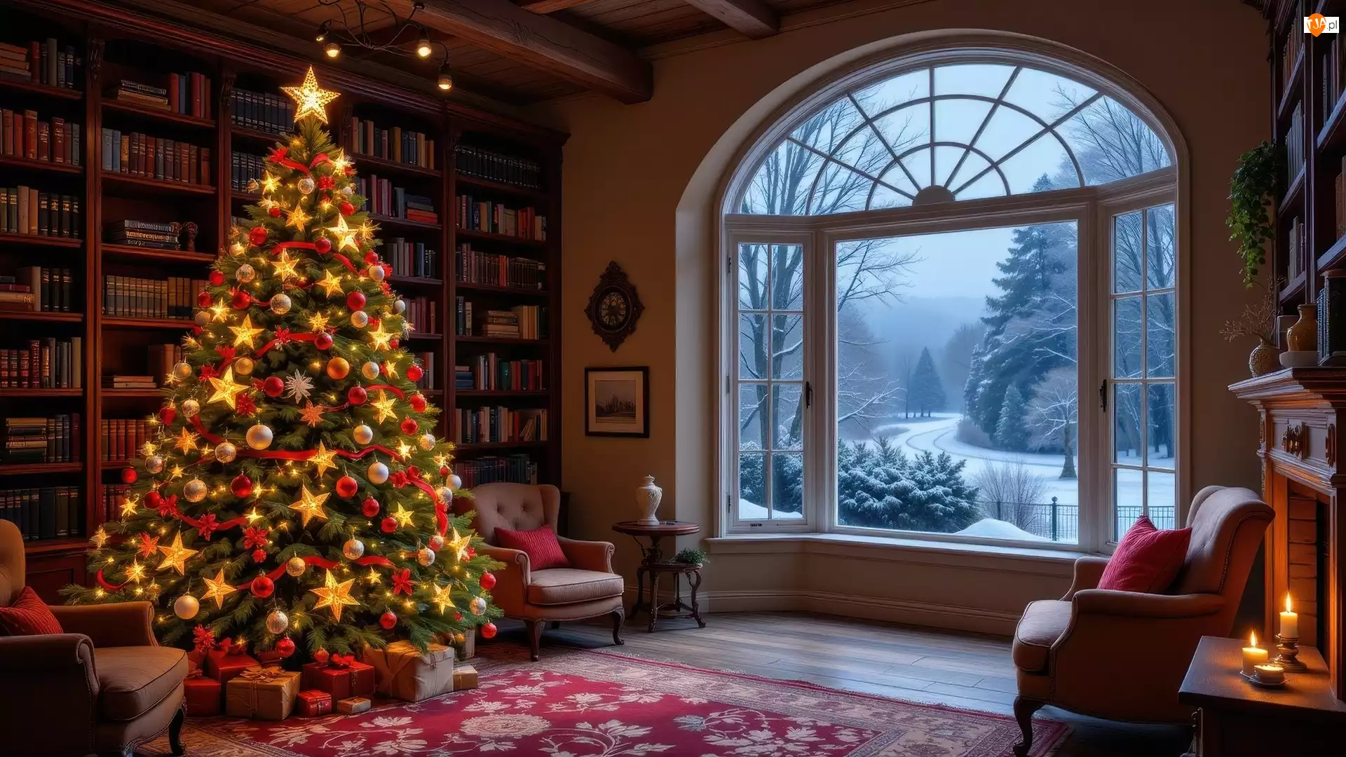 Zima, Salon, Okno, Fotele, Prezenty, Udekorowana, Choinka, Boże Narodzenie, Książki
