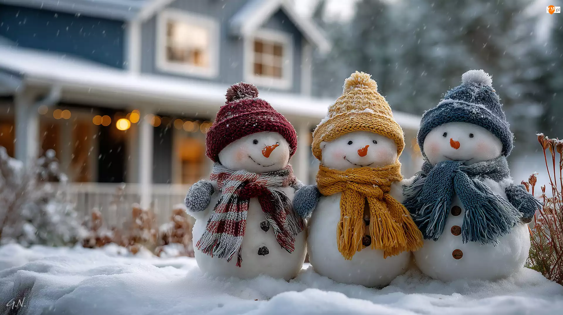 Bałwanki, Kolorowe, Grafika AI, Trzy, Zima, Szaliki, Czapki