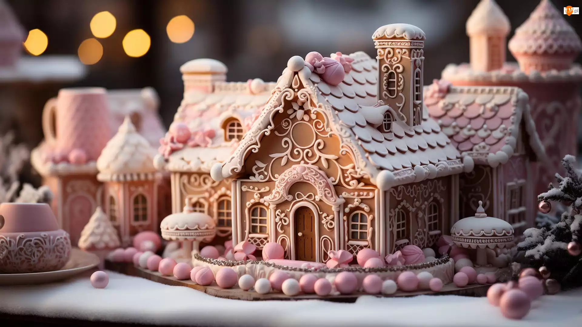 Białe, Boże Narodzenie, Domek, Kulki, Piernik, Różowe, Al, Udekorowany