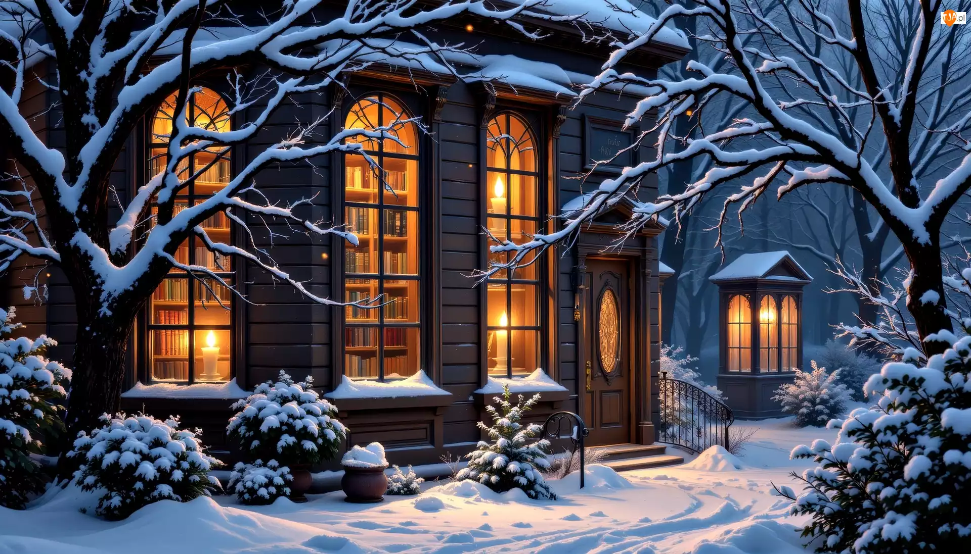 Biblioteka, Dom, Zima, Grafika AI, Światło, Drzewa