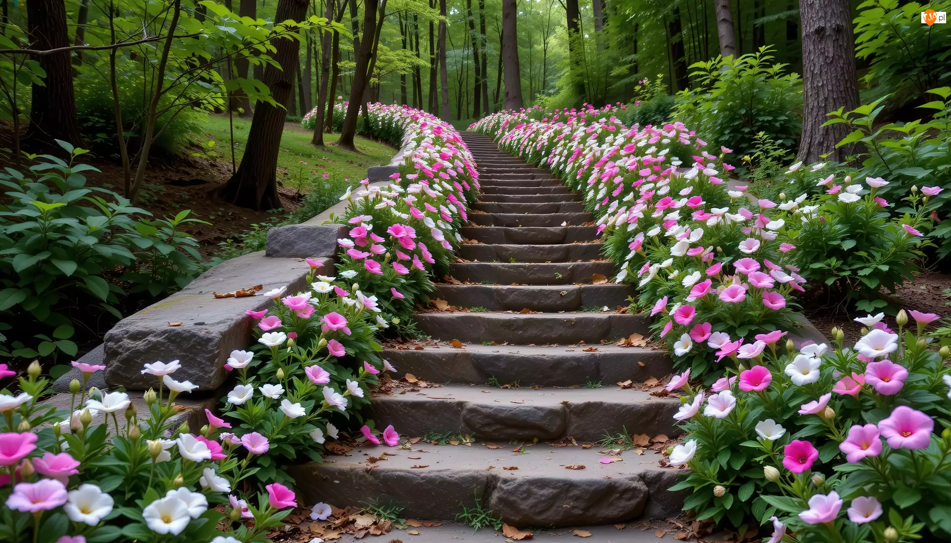 Drzewa, Schody, Kwiaty
