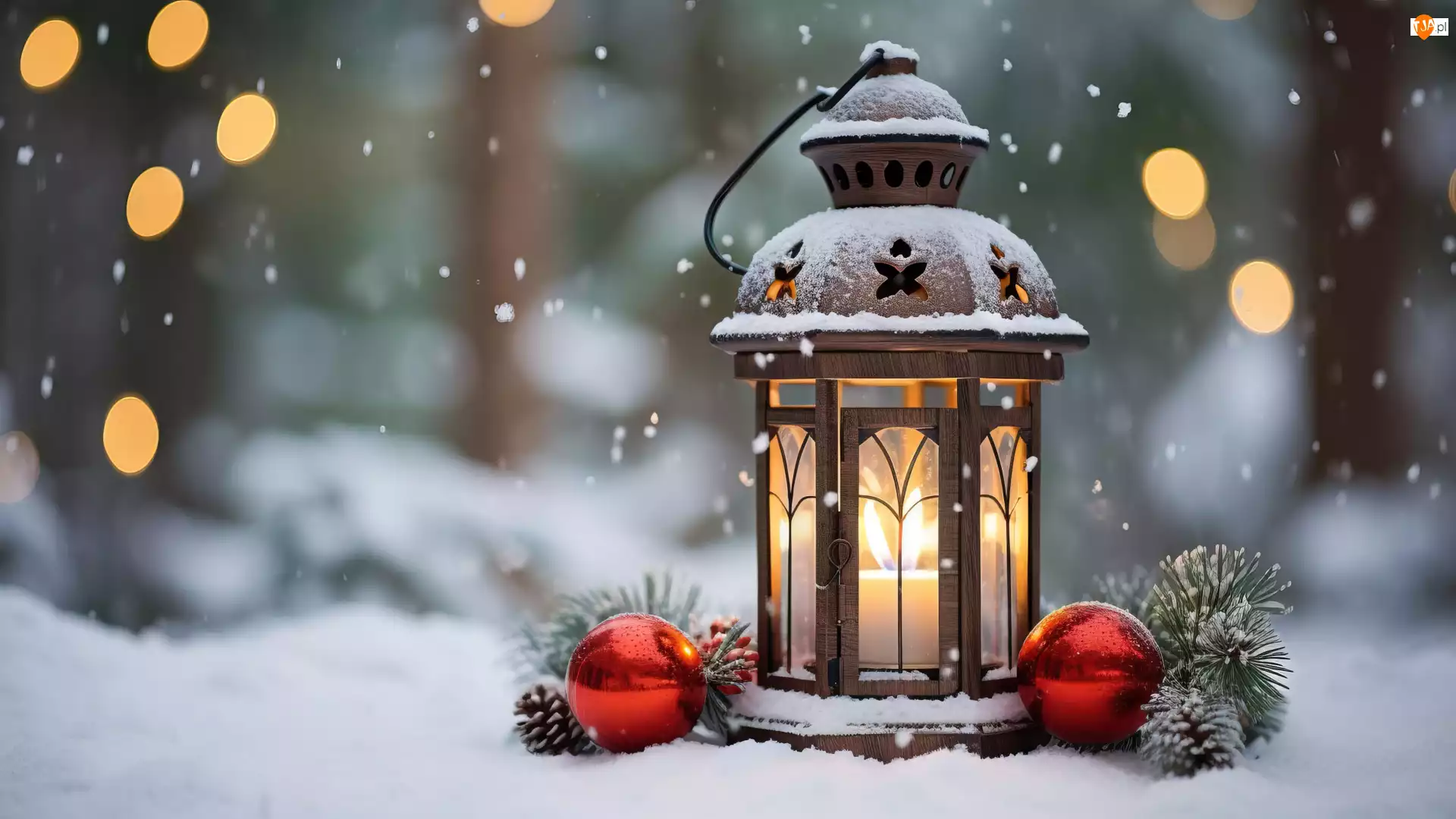 Świerk, Zima, Świeca, Bombki, Śnieg, Gałązki, Boże Narodzenie, Lampion