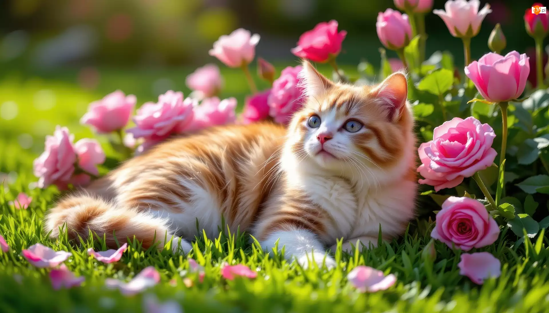 Kot, Różowe, AI, Rudo-biały, Tulipany, Róże, Kwiaty
