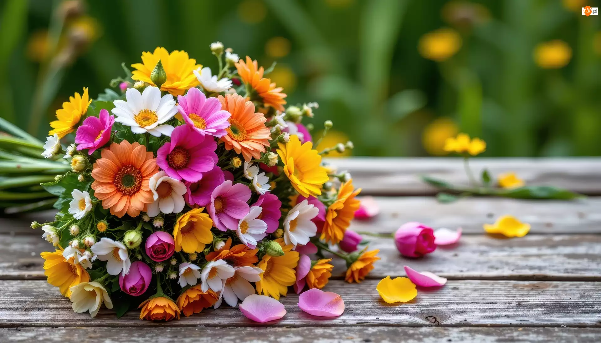 Deski, Bukiet, Kwiaty, Płatki