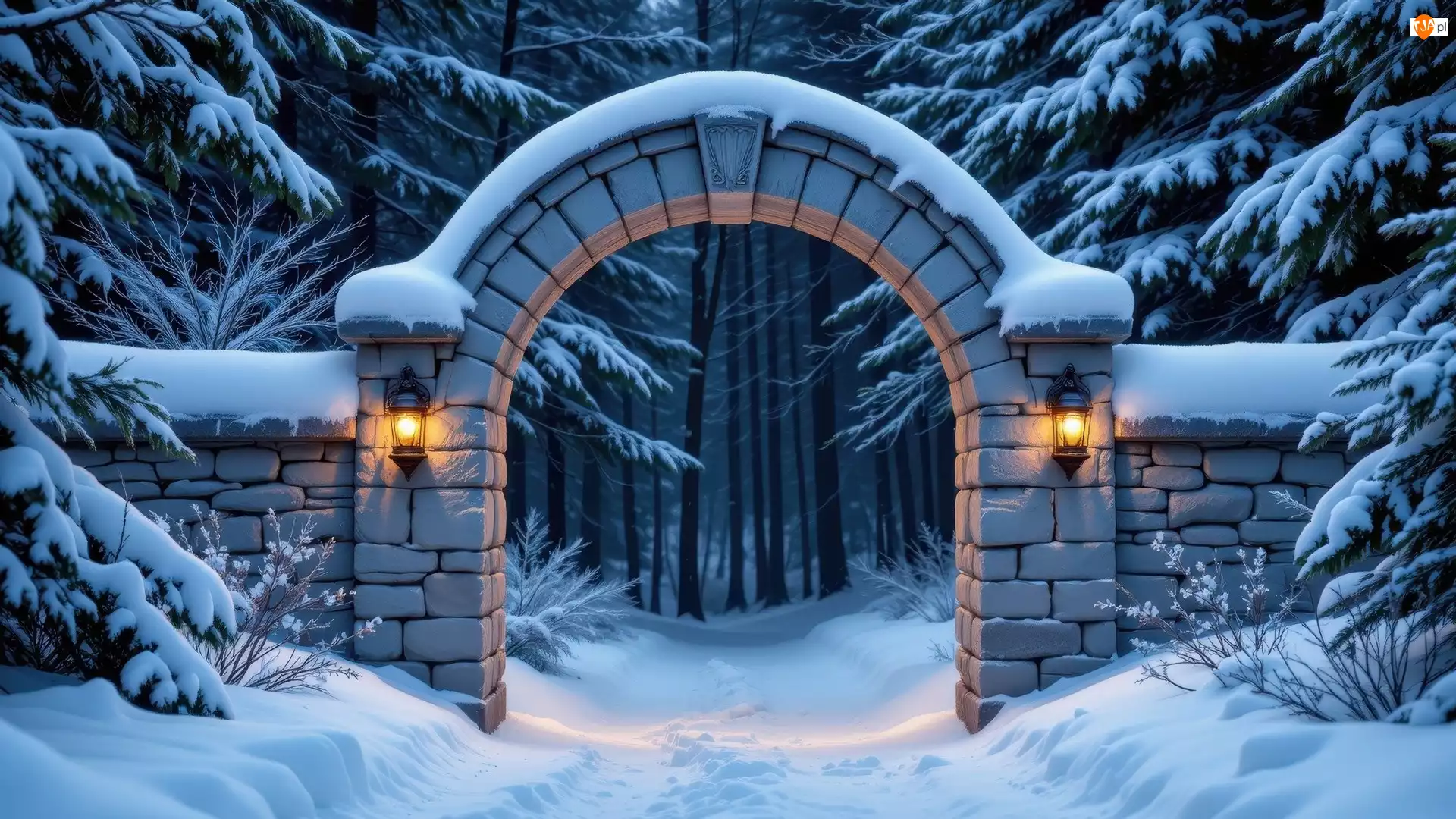 Drzewa, Murowana, Ośnieżone, Lampiony, Śnieg, Brama, Łuk, Zima, Dwa