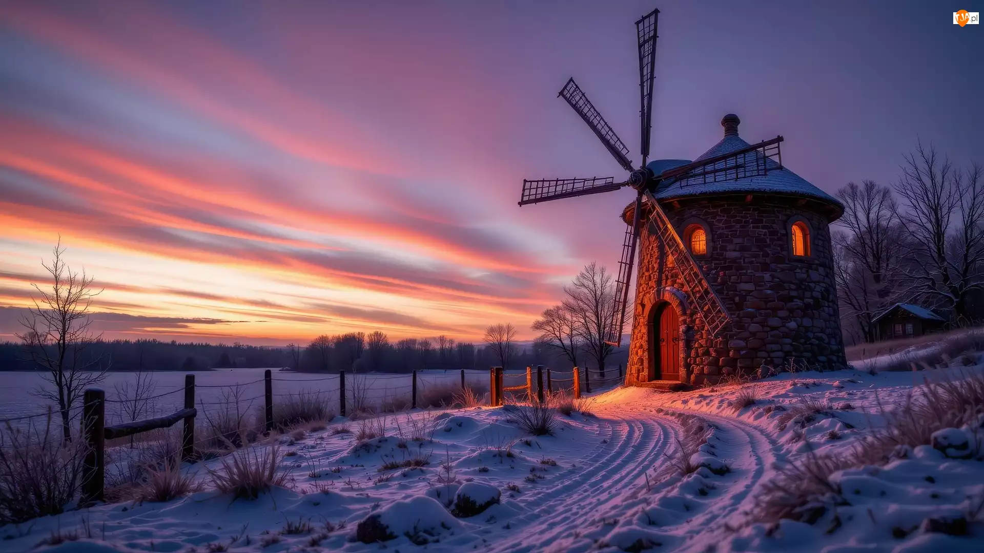 Zachód słońca, Zima, Ogrodzenie, Niebo, Drut, Droga, Śnieg, Oświetlony, Słupki, Kolorowe, Drzewa, Ośnieżona, Wiatrak