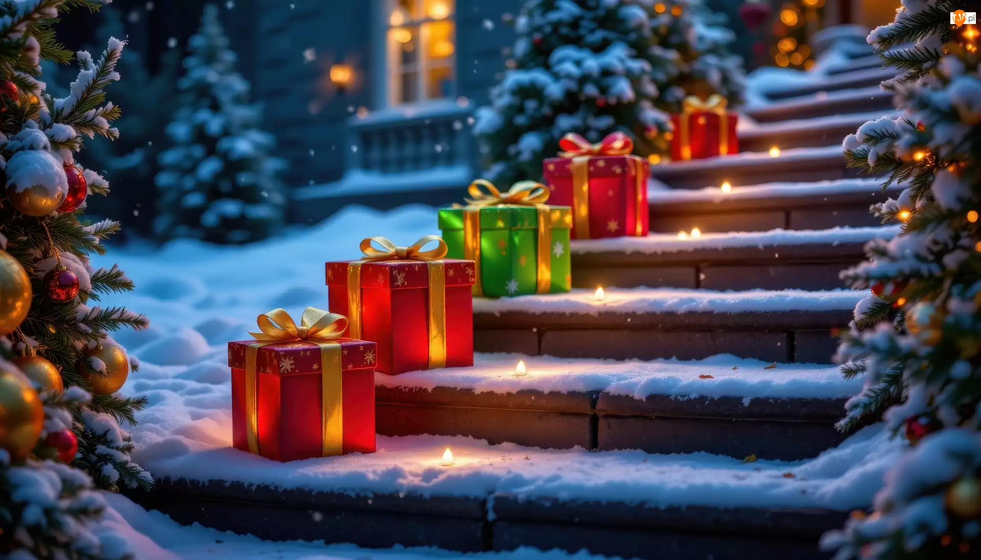 Świąteczne, Choinki, Schody, Grafika AI, Prezenty, Światła