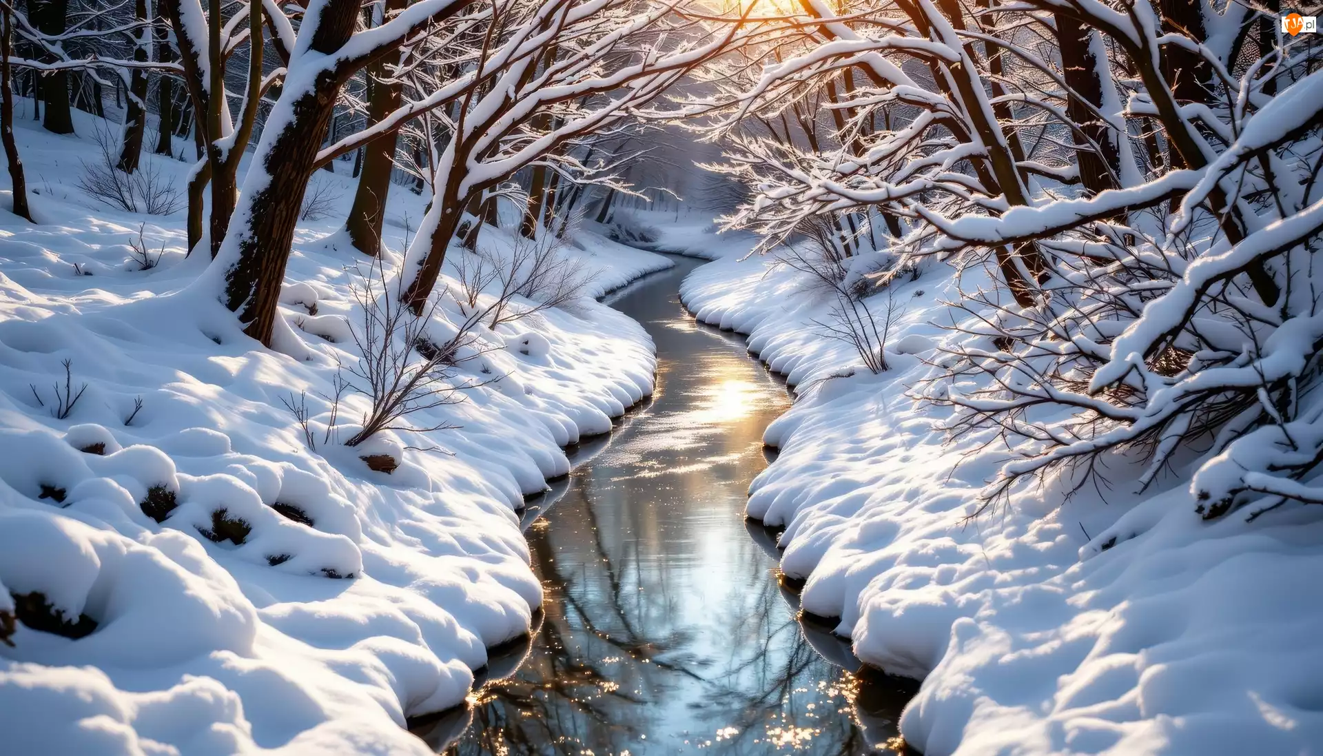 Rzeka, Drzewa, Las, Zima, Śnieg