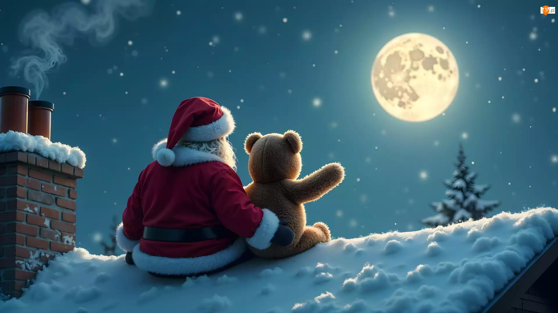 Pluszowy, Miś, Księżyc, Zima, Dach, Mikołaj, Święty