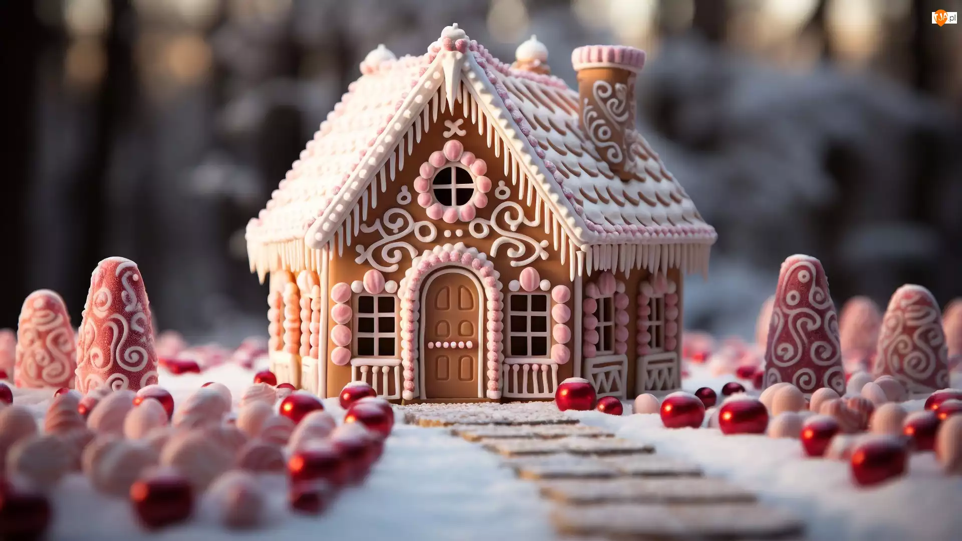 Białe, Pierniki, Stożki, Kule, Udekorowany, Czerwone, AI, Domek