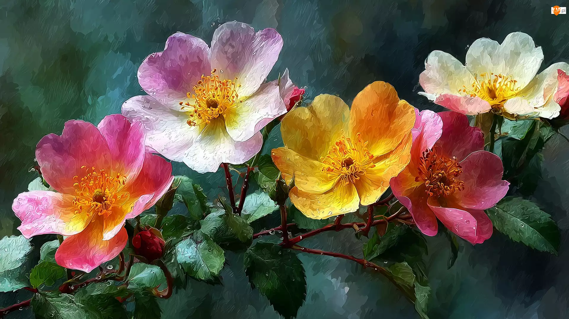 Kolorowe, Róże, Gałązka, Grafika AI, Kwiaty, Liście