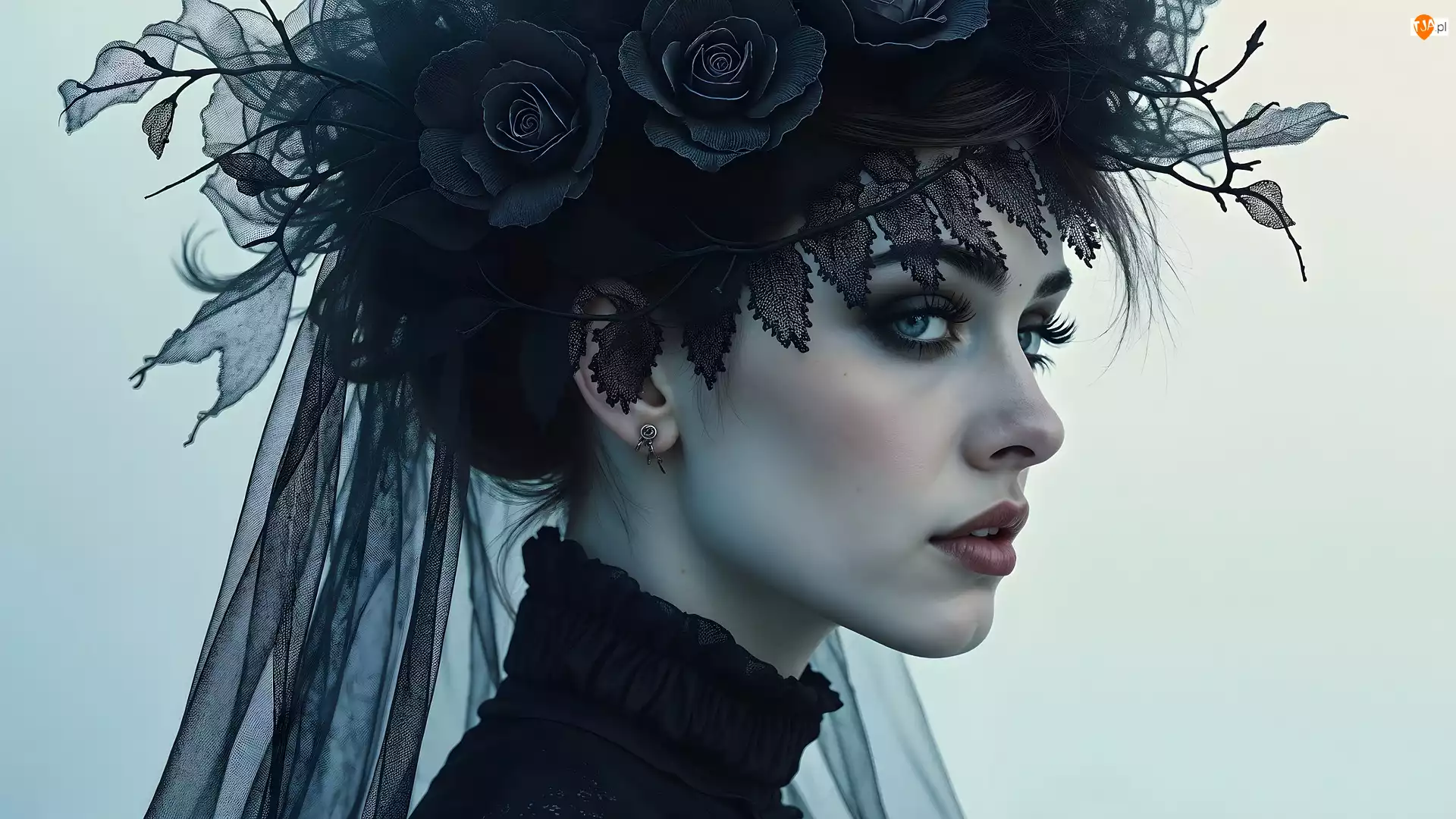 Czarny, AI, Półprofil, Kobieta, Welon