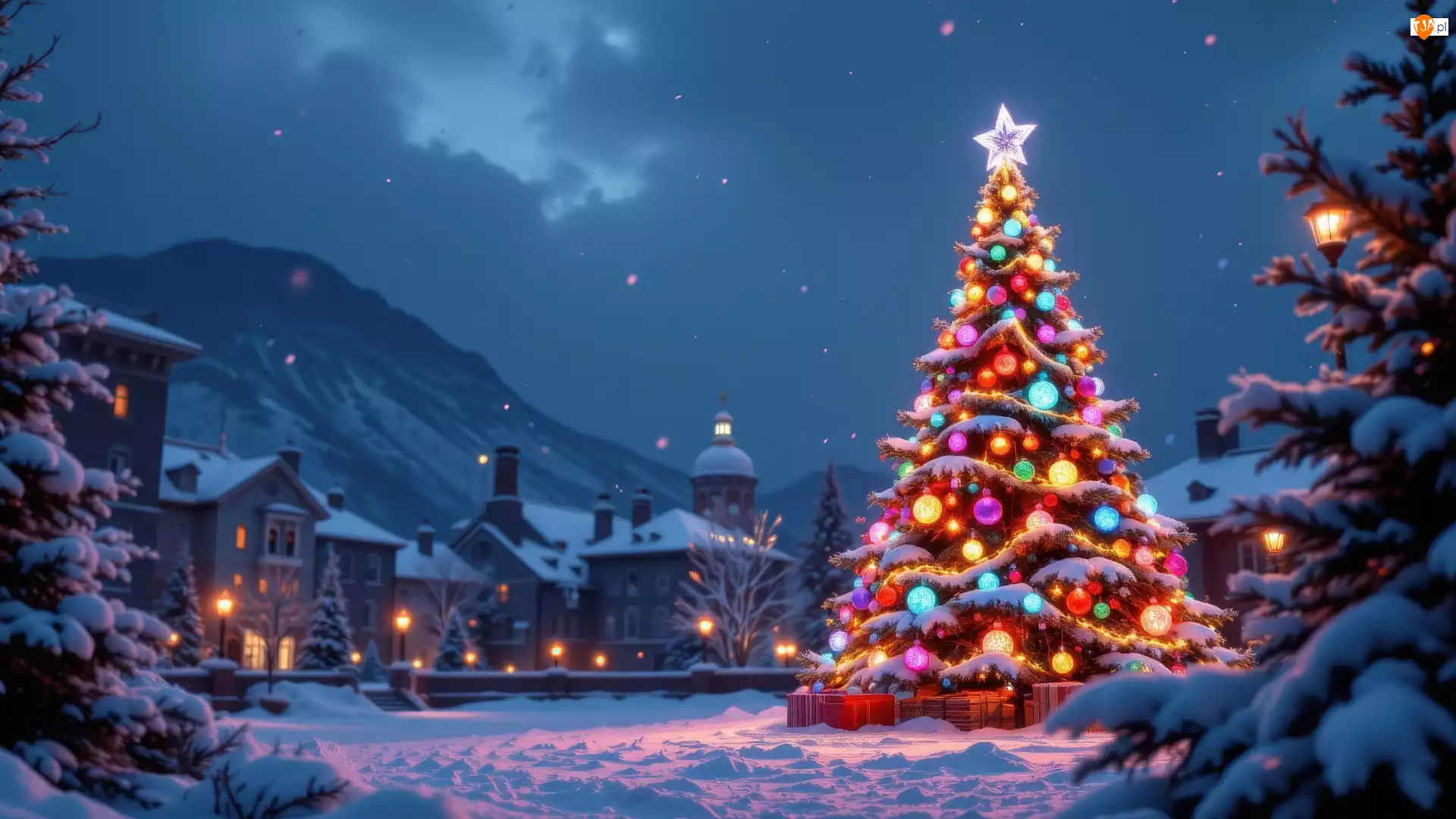 Góry, Zima, Choinka, Boże Narodzenie, Śnieg, Domy, AI, Udekorowana