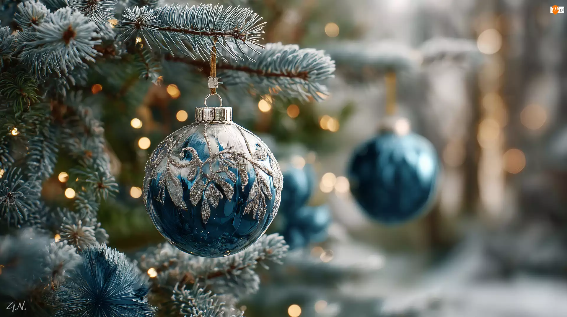 Bombka, Niebieska, Świerka, Grafika AI, Gałązki, Boże Narodzenie