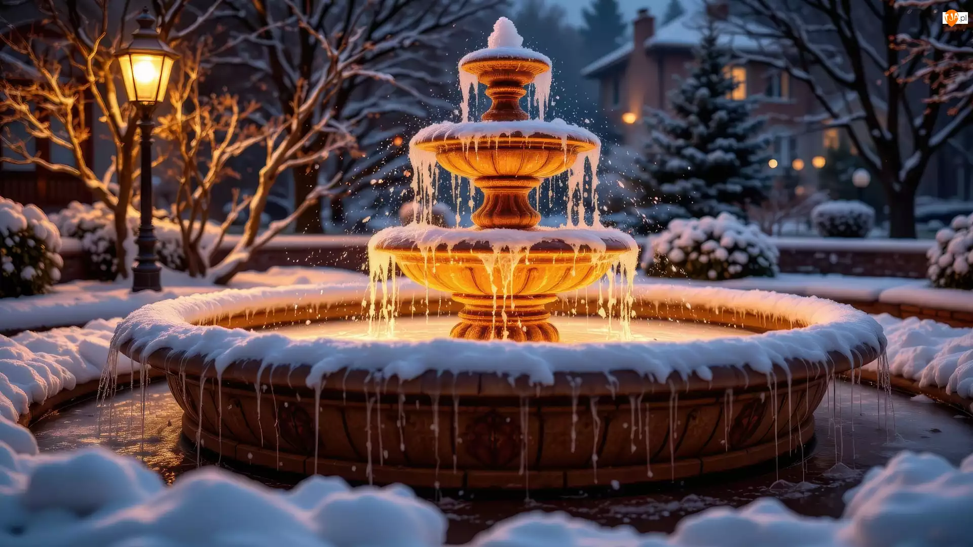Ośnieżone, Zima, Fontanna, Drzewa, Śnieg, Latarnia, AI, Park