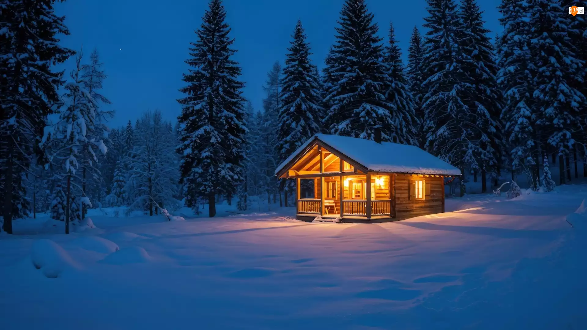 Oświetlony, Drzewa, Drewniany, Zima, Dom