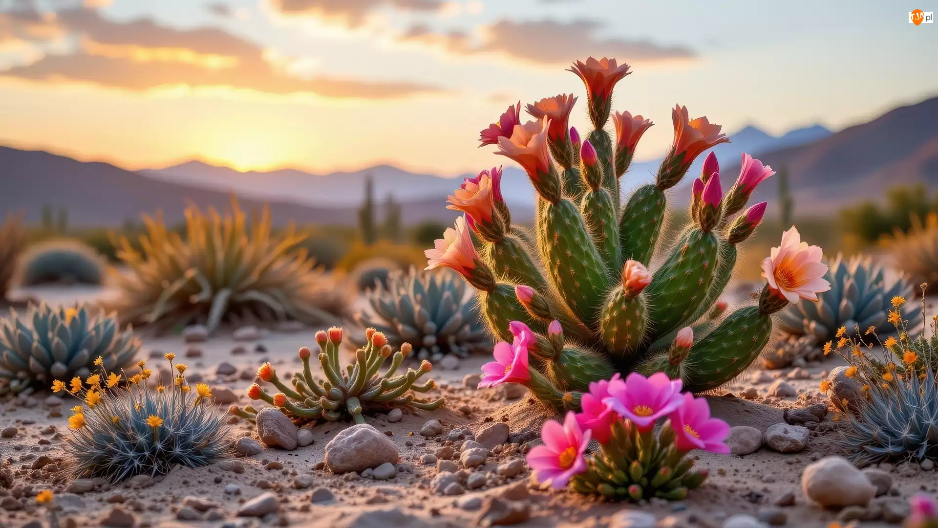 Kamienie, Piasek, Kaktusy, Roślin, Kwitnące, Kępki