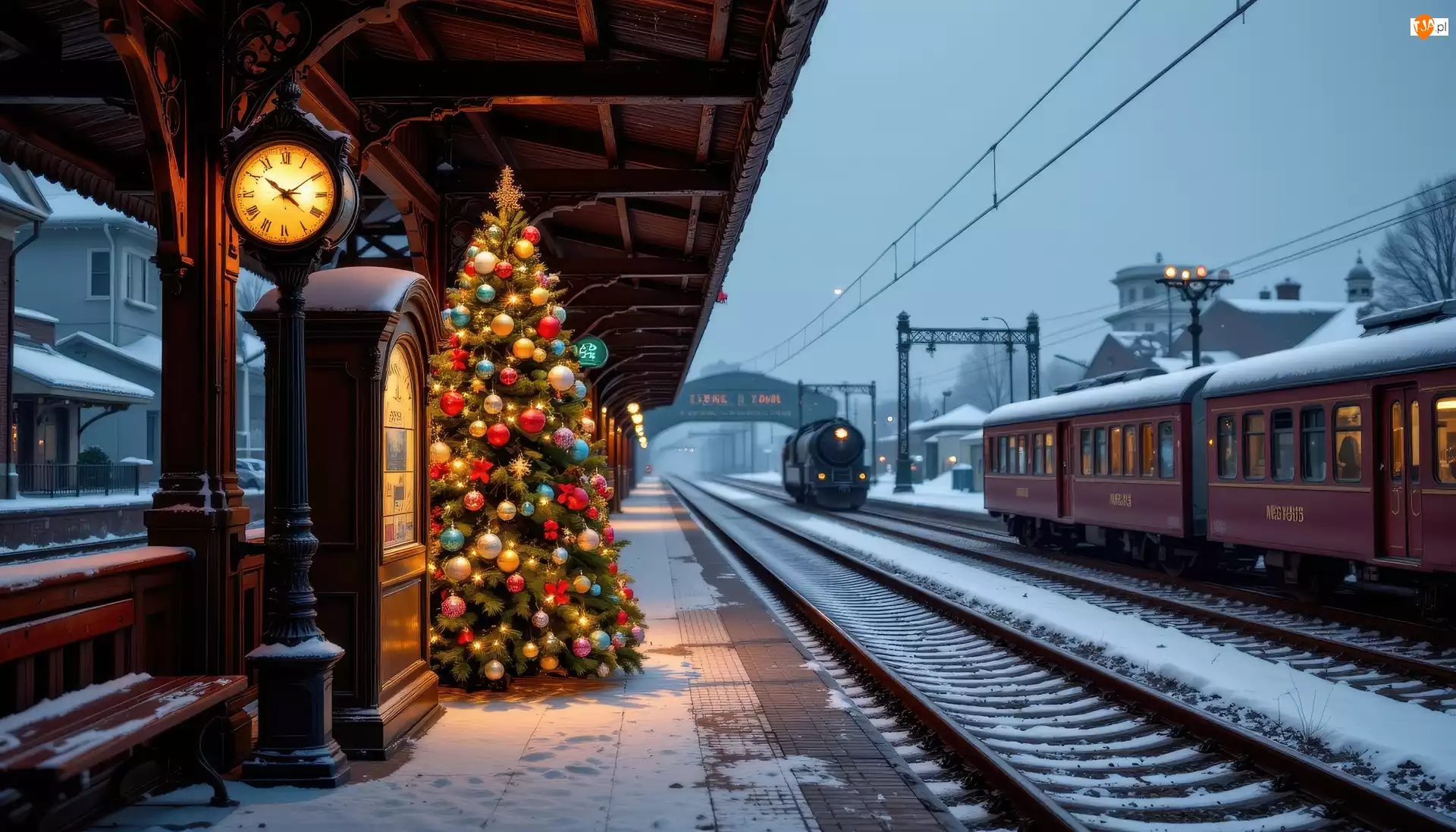 Zima, Boże Narodzenie, Zegar, Peron, Choinka, Pociąg