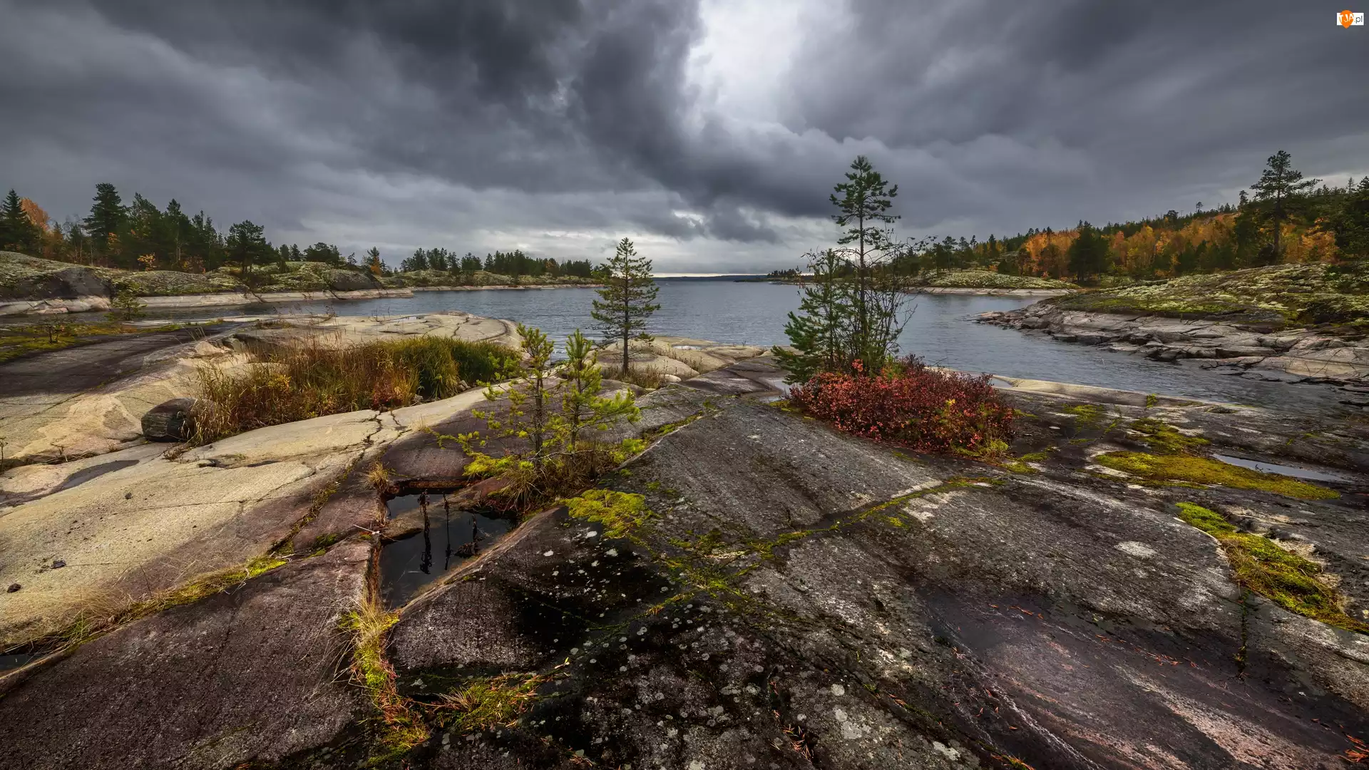 Ciemne, Rosja, Skały, Chmury, Jezioro, Drzewa, Jesień, Ładoga