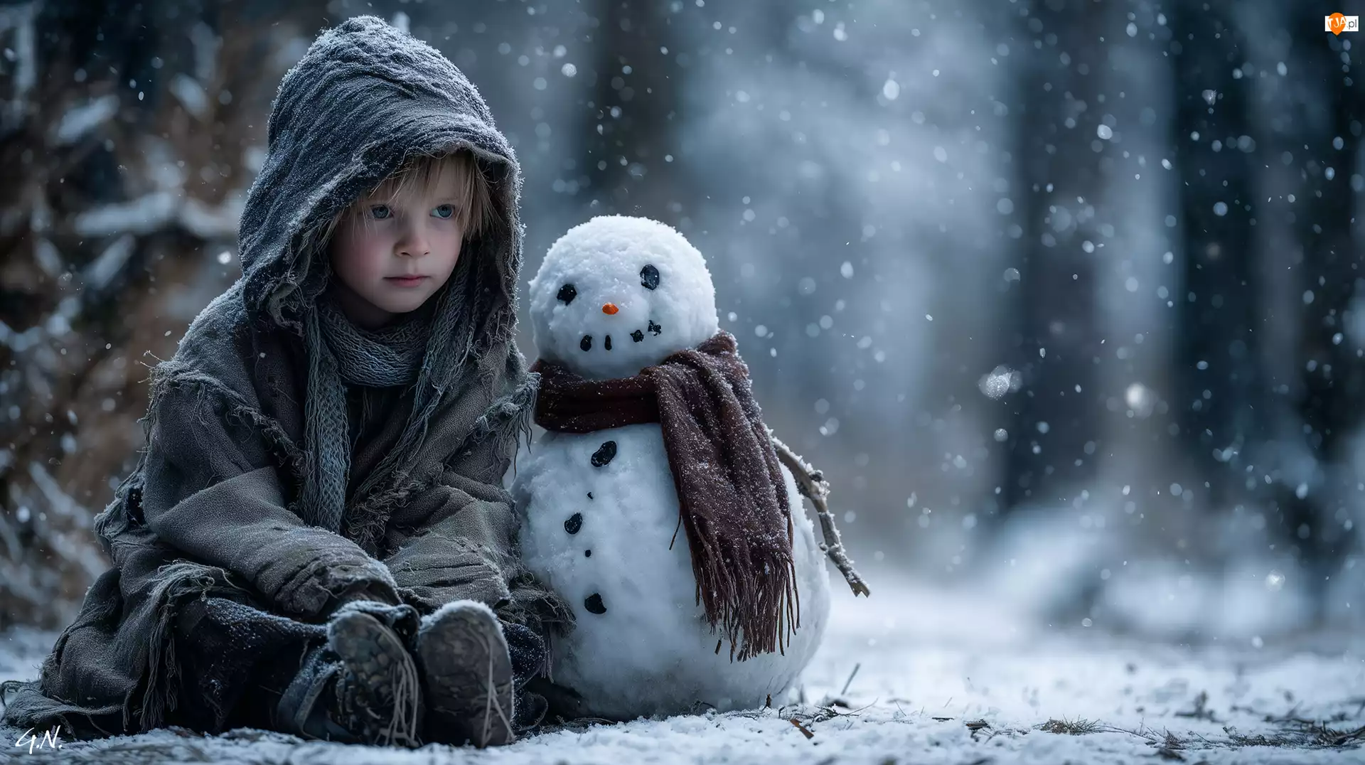 Grafika AI, Chłopiec, Bałwanek, Zima