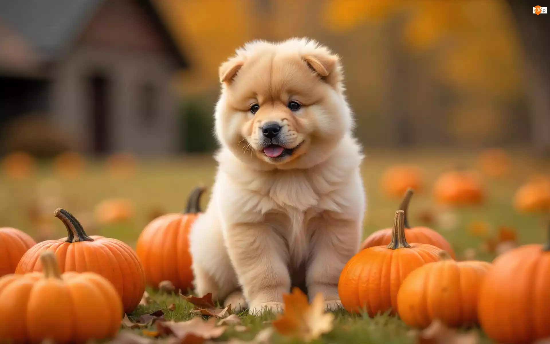 Szczeniak, Chow chow, Grafika AI, Pies, Jesień, Liście, Dynie