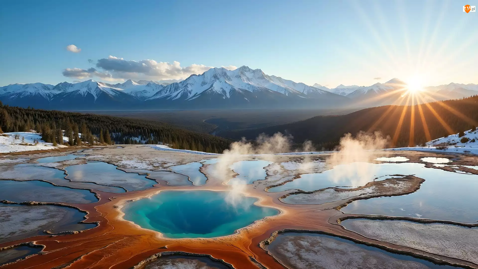 Gorące źródła, Promienie słońca, Szczyty, Góry, Gejzer
