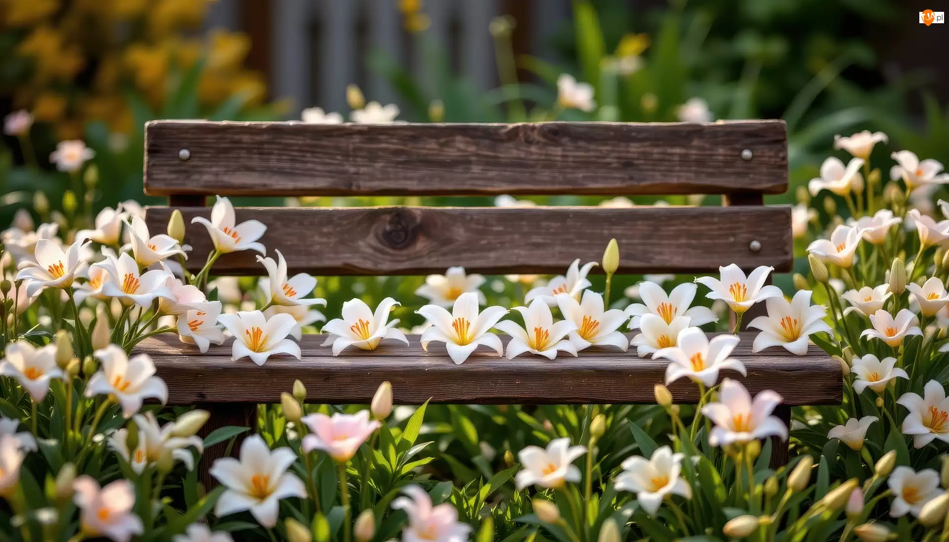 Ławka, Białe, Kwiaty, Lilie