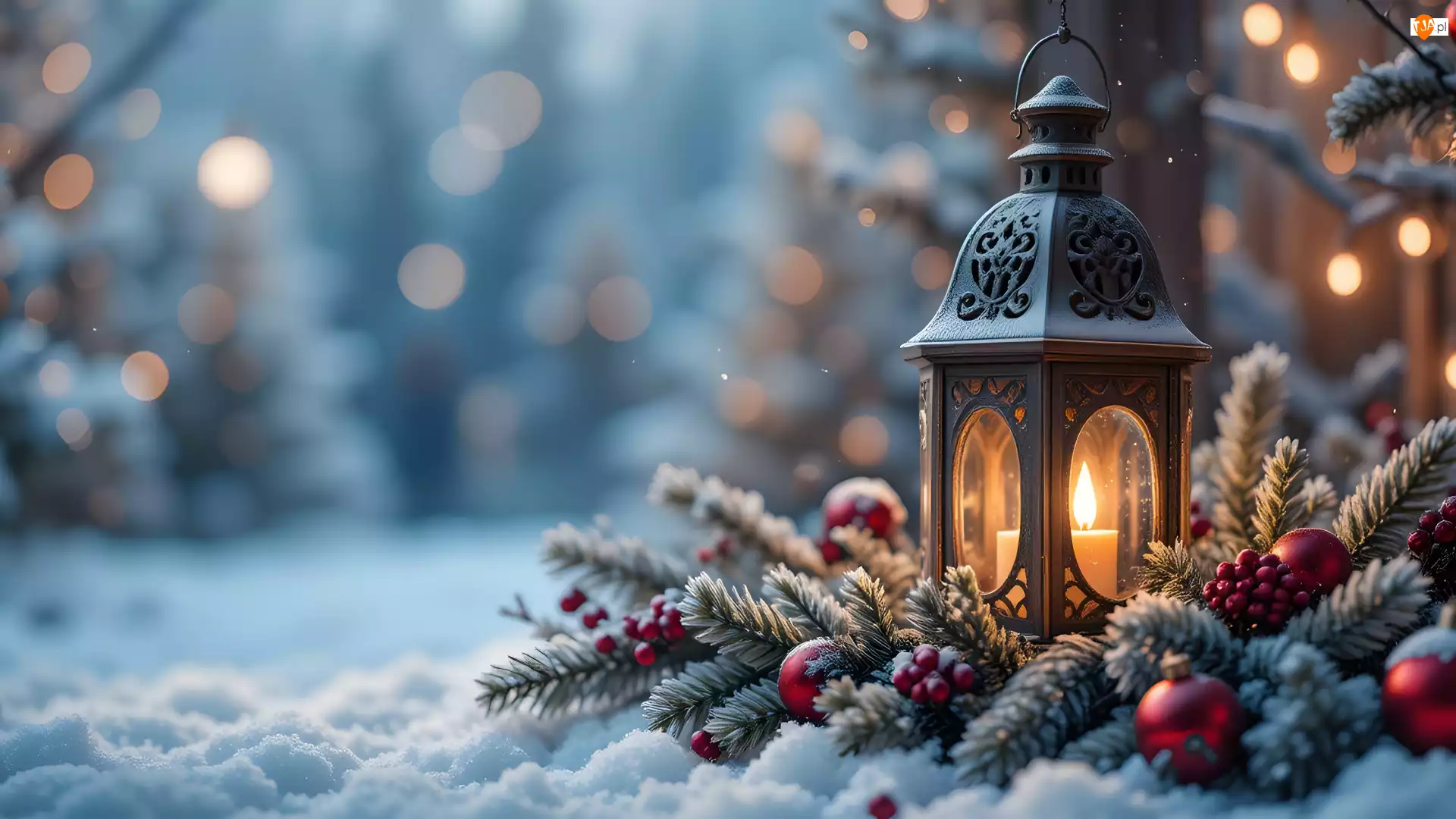 Śnieg, Lampion, Bombki, Boże Narodzenie, Świerkowe, Gałęzie, Świeca
