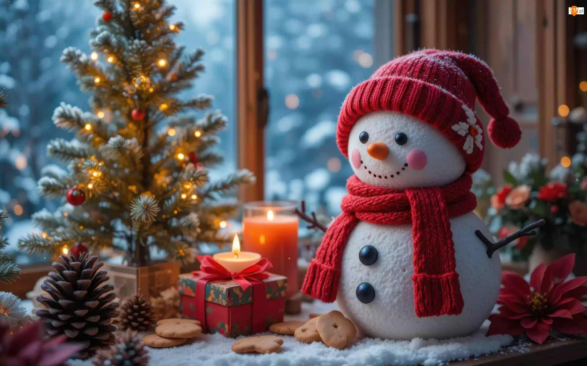 Szalik, Choinka, Świece, Ciasteczka, Bałwanek, Szyszki, Udekorowana, Boże Narodzenie, Prezent, Czapka, Śnieg