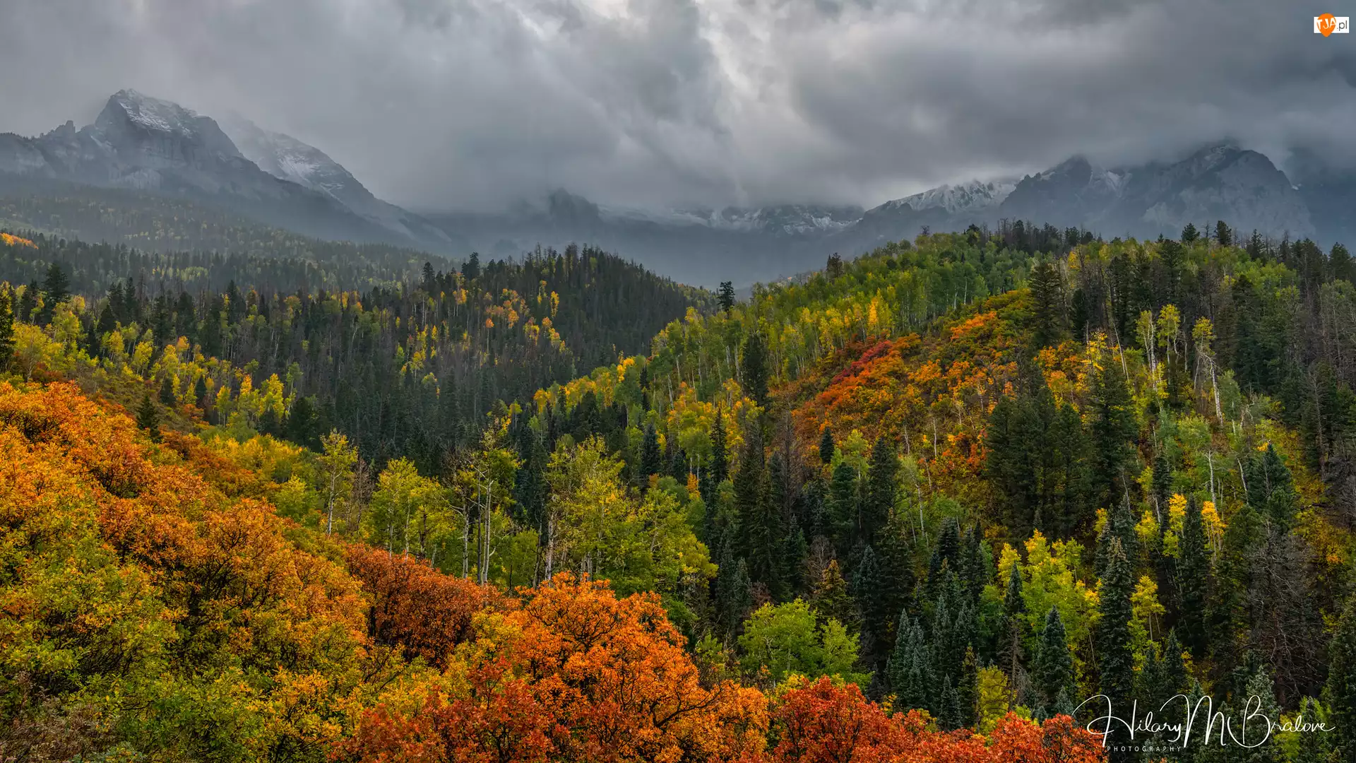 Drzewa, Chmury, Jesienne, Góry, Ciemne