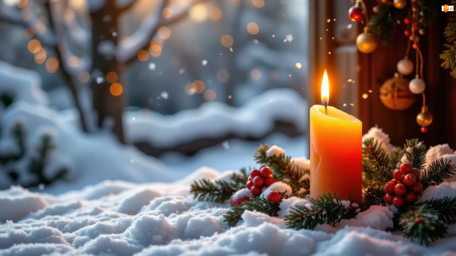 Świeca, Śnieg, Stroik, Świąteczny, Gałązki