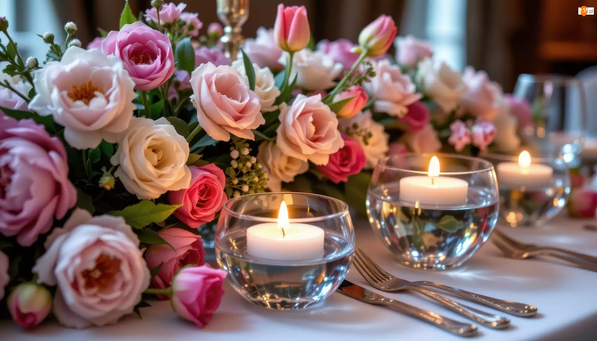 Świece, Stół, Róże, Kwiaty, Sztućce