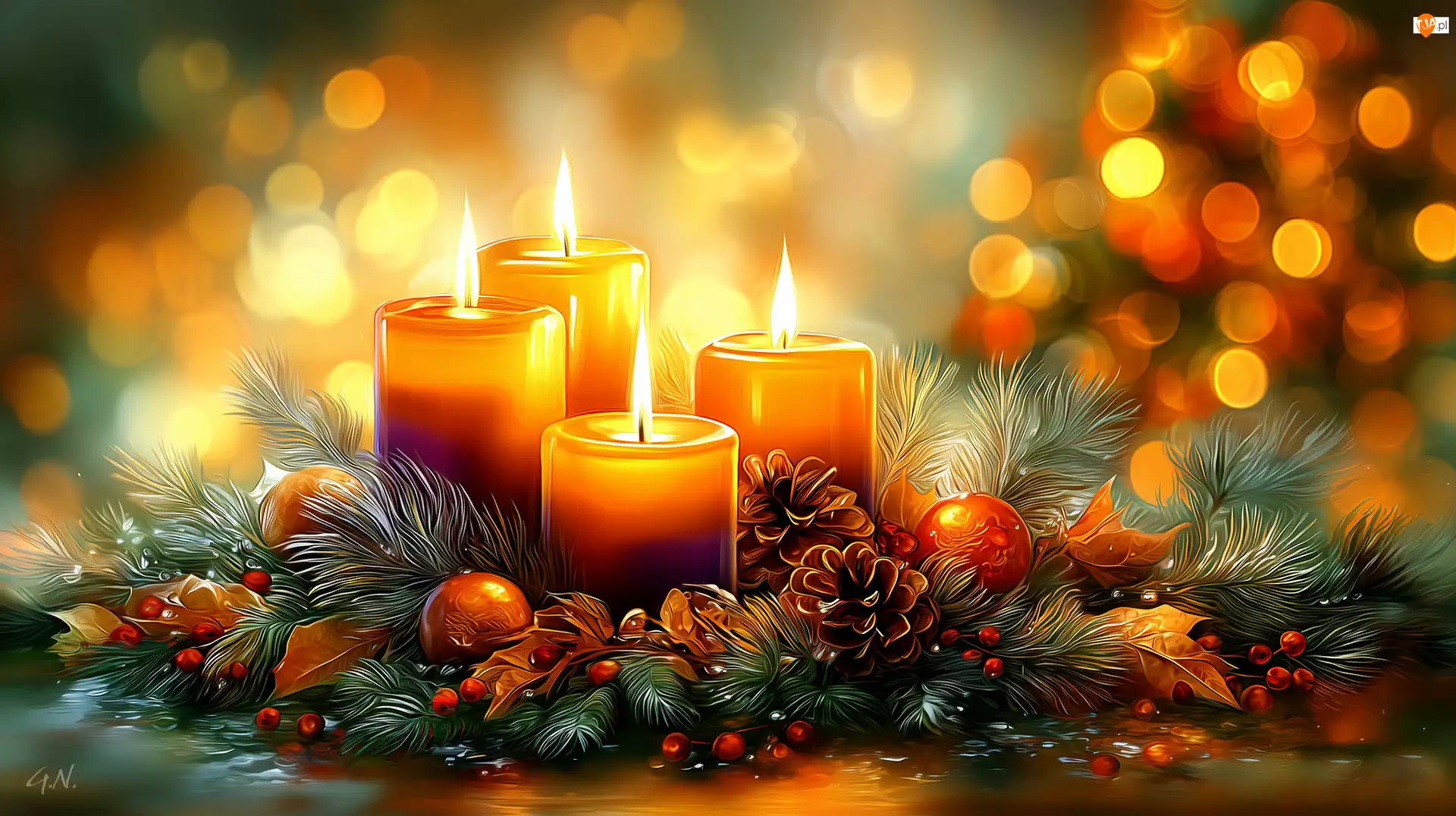 Świąteczny, Świece, Szyszki, Grafika AI, Stroik, Jodła