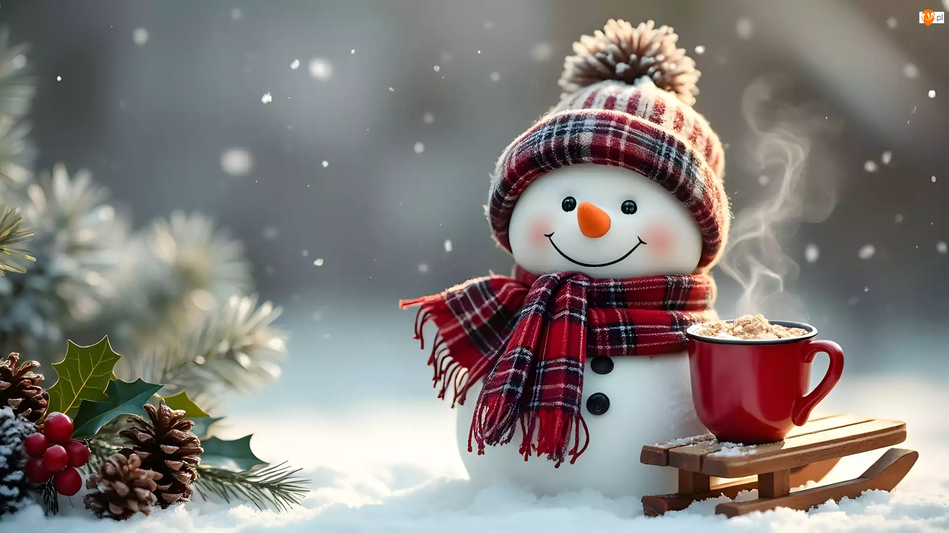 Ostrokrzew, Śnieg, Szyszki, Sanki, Kubek, Bałwan, Czapka, Zima, Szalik