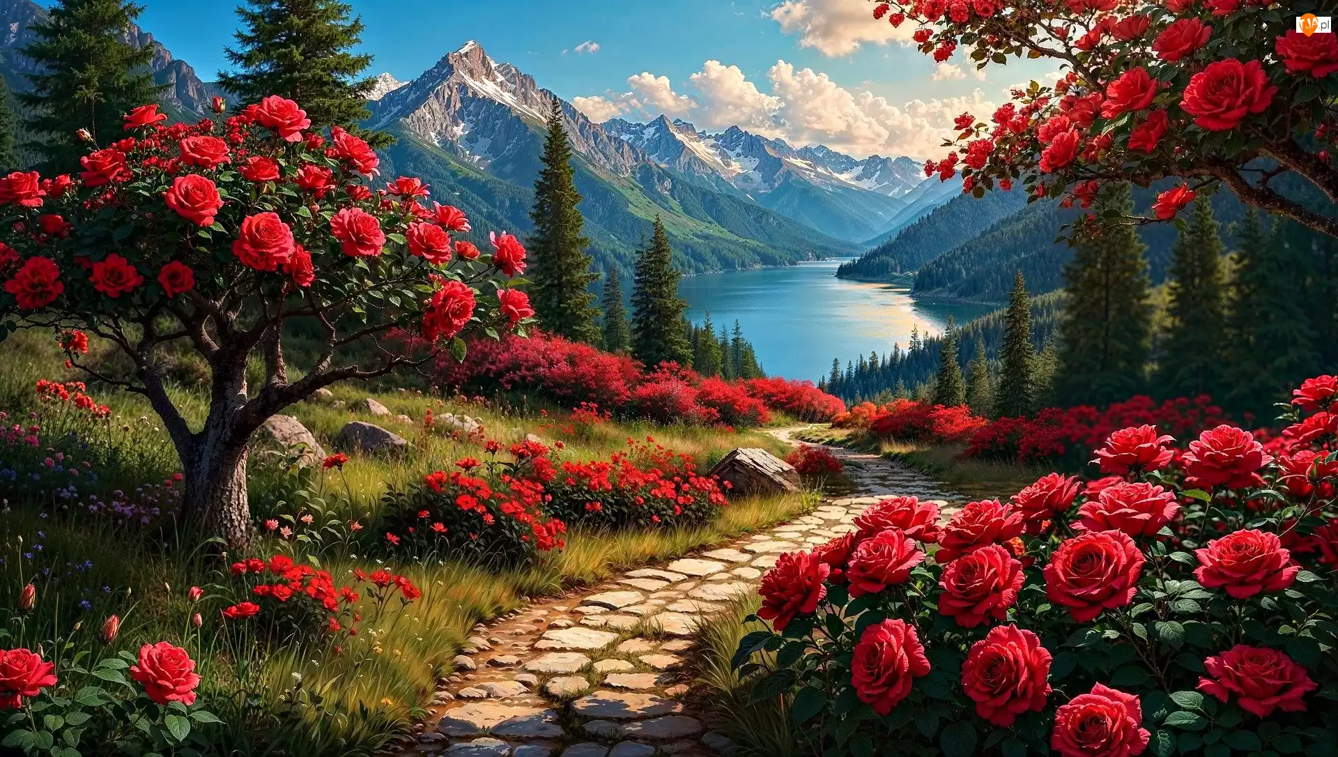Góry, Jezioro, Droga, Róże, AI