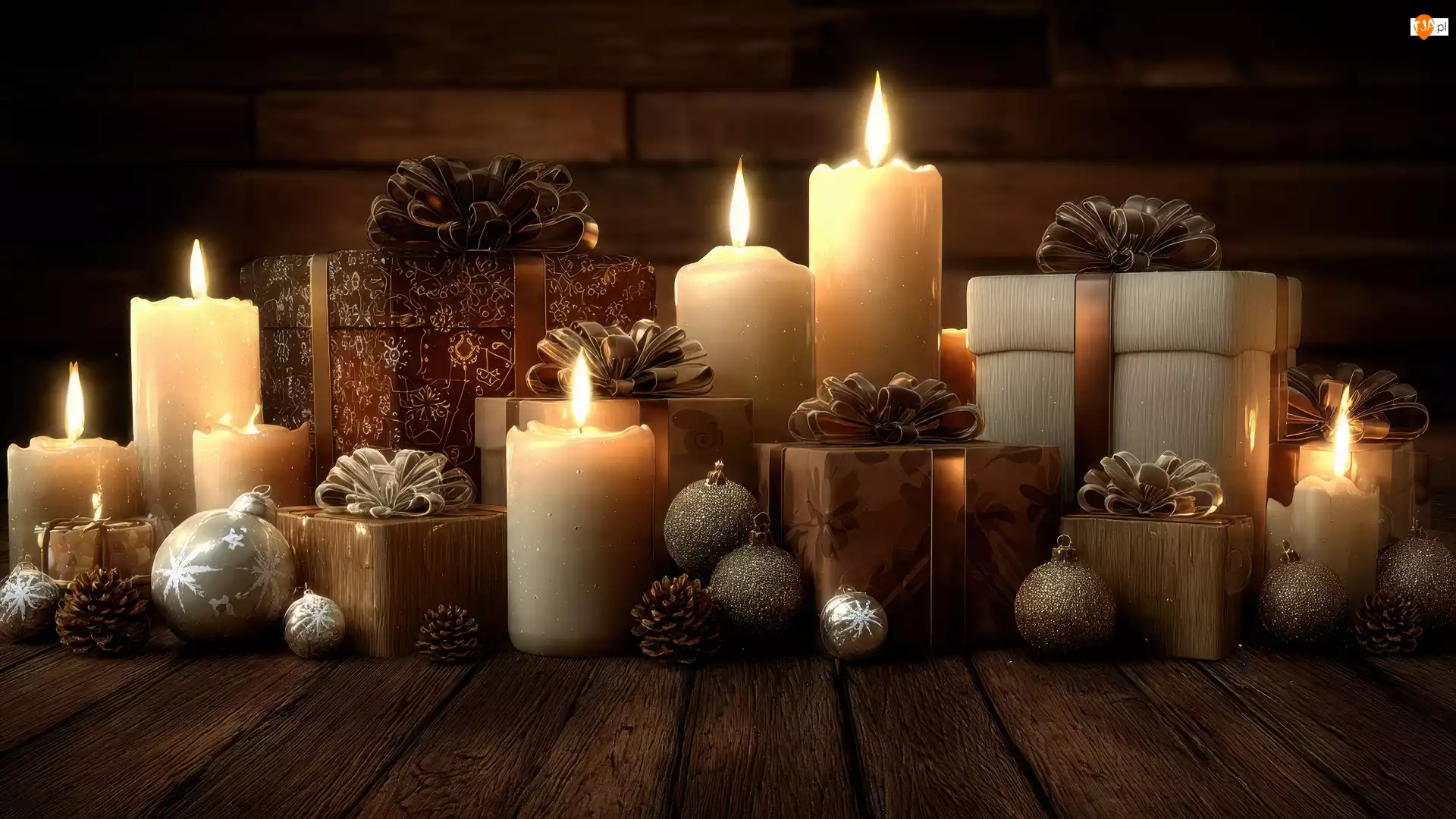 Świece, Boże Narodzenie, Szyszki, Deski, Prezenty, Bombki
