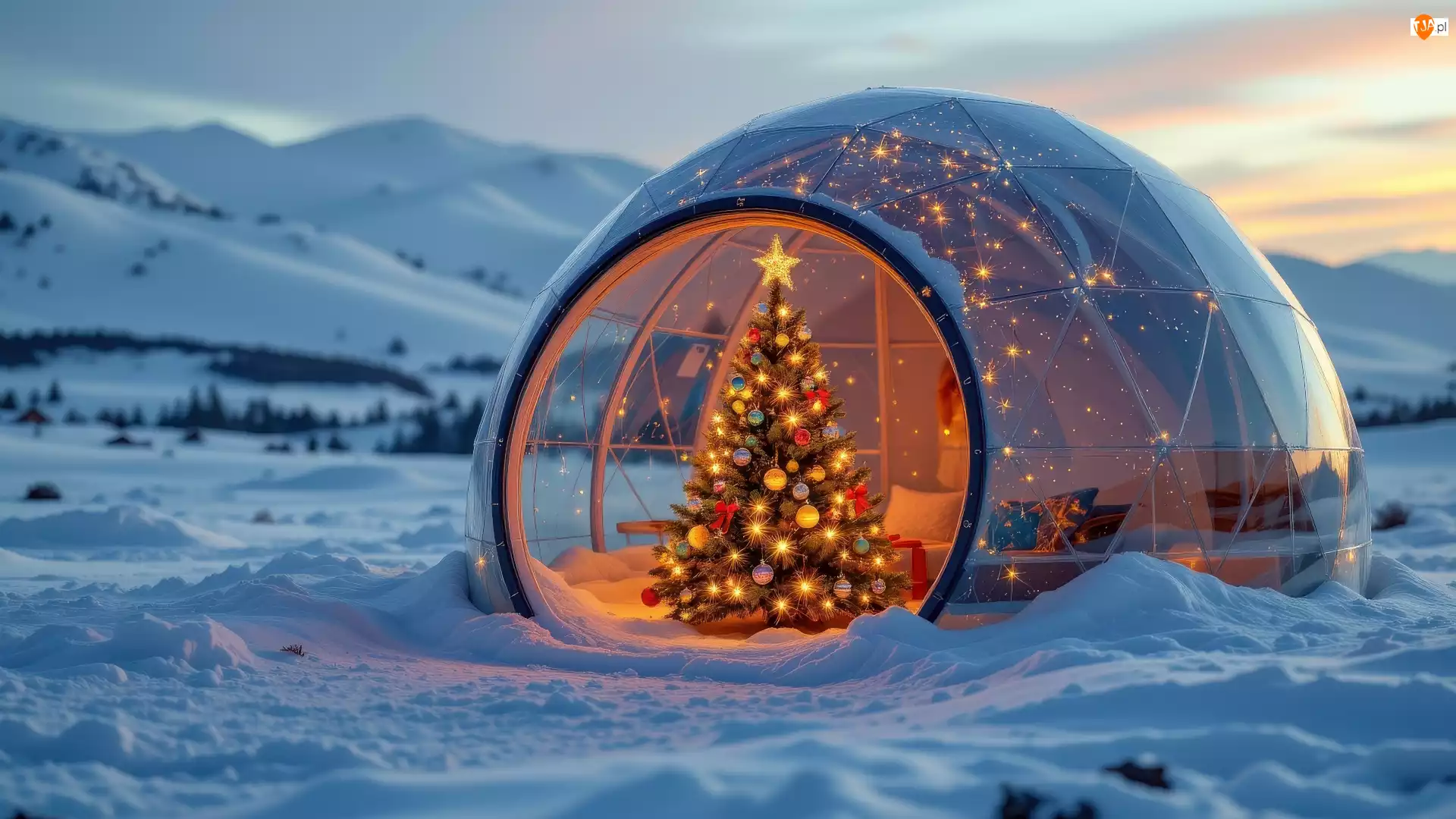 Góry, Zima, Udekorowana, Igloo, Boże Narodzenie, Choinka