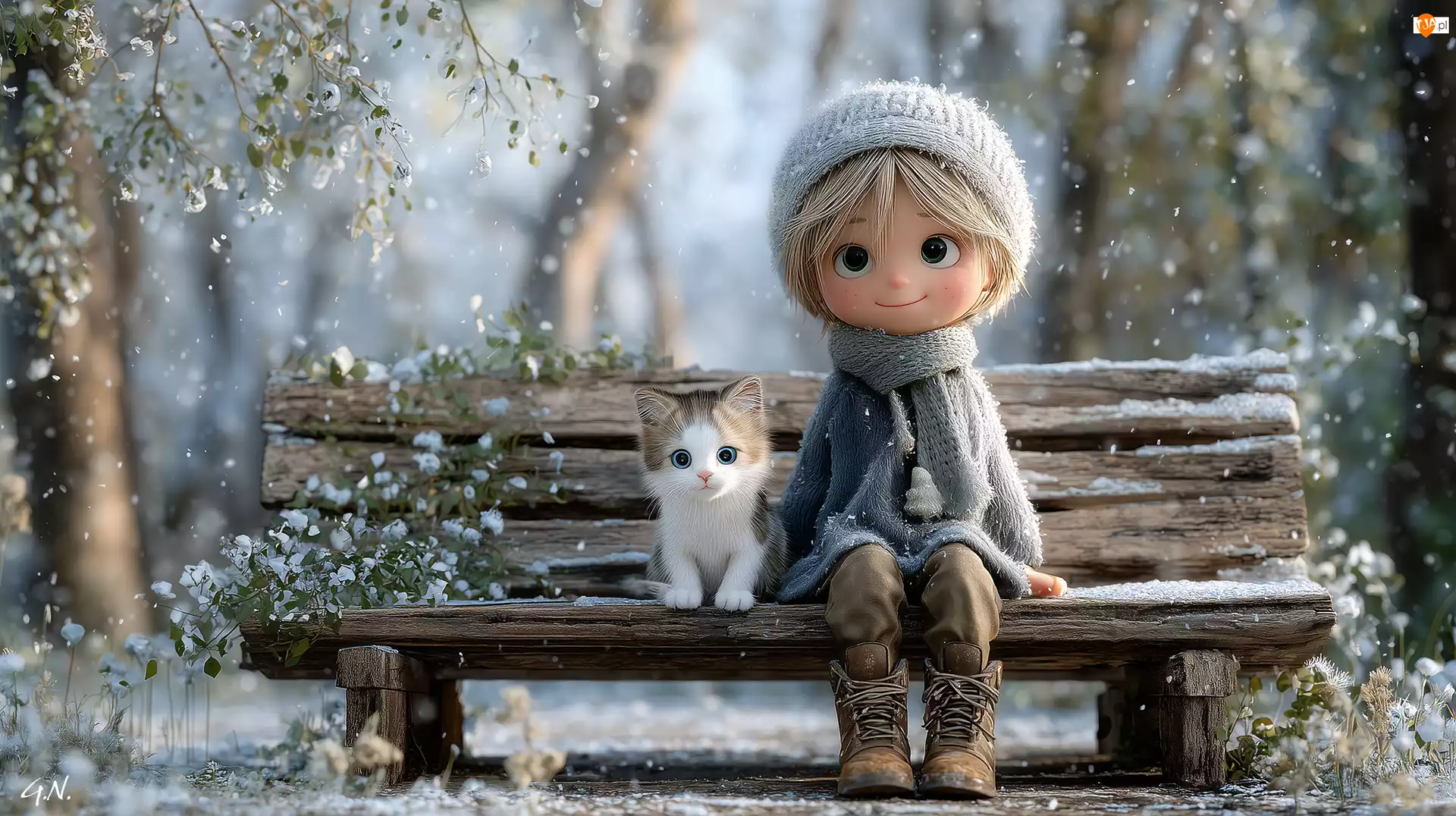 Grafika AI, Dziewczynka, Kot, Ławka