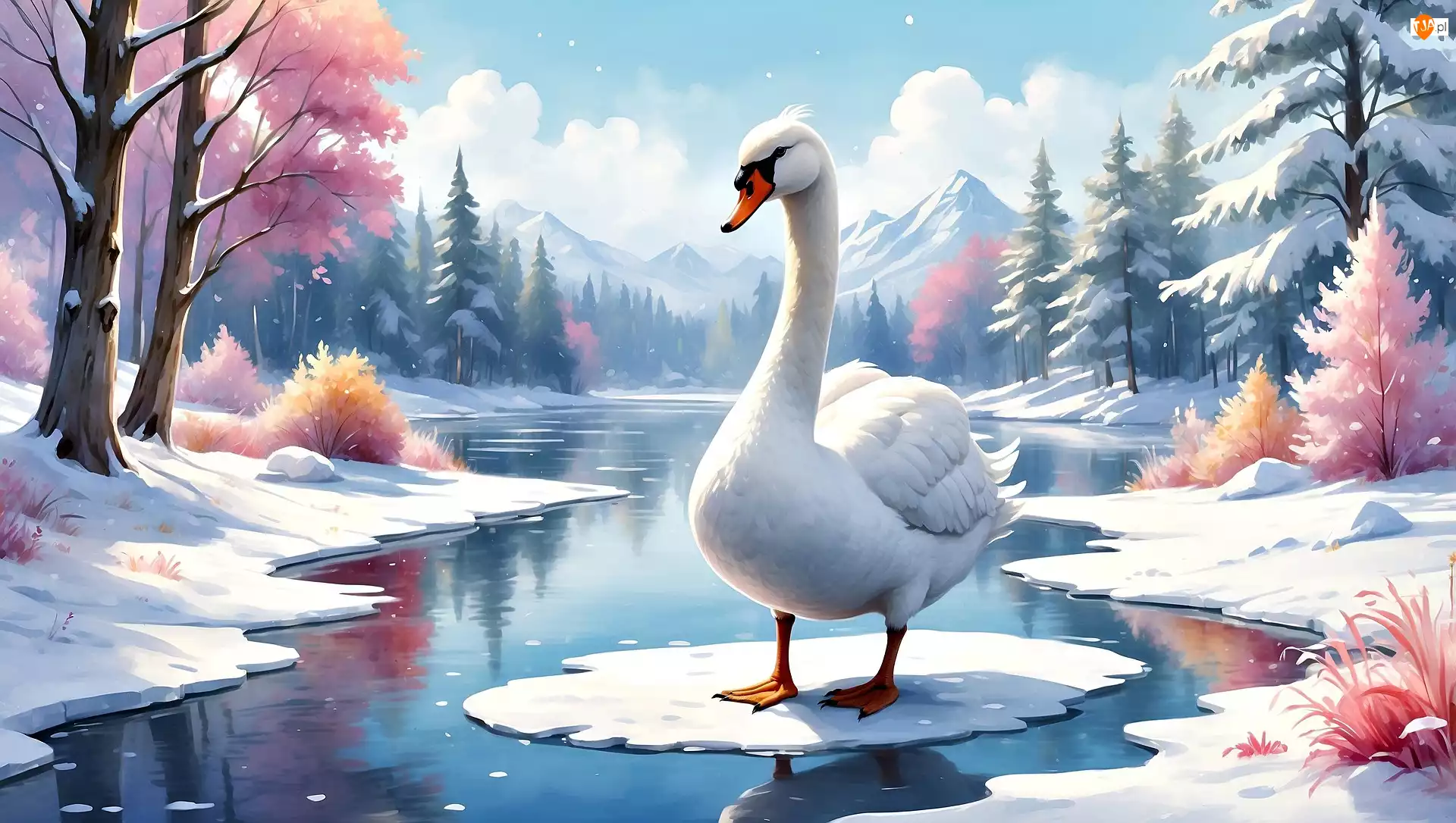 Rzeka, Łabędź, Ptak, Zima